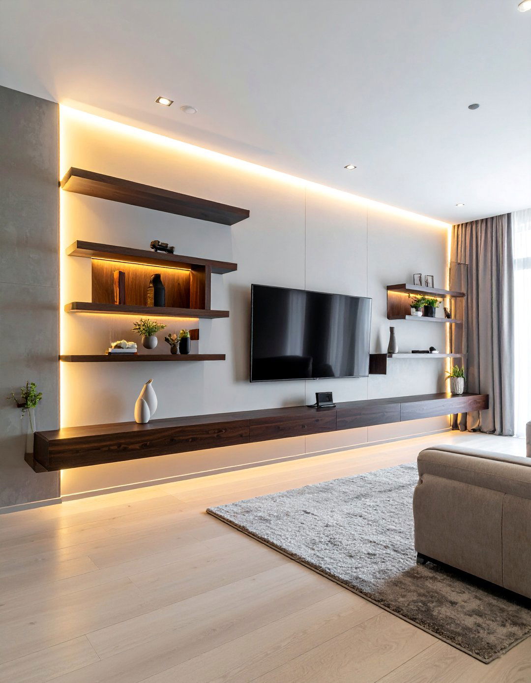 Cantilevered Media Wall Shelves - 35 Stunning Media Wall Ideas to Transform Your Living Space