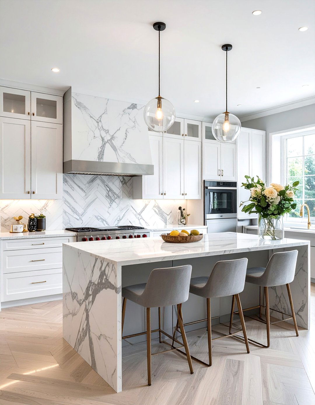 Carrara Marble Herringbone Backsplash - 25 Backsplash Ideas for White Cabinets and Granite