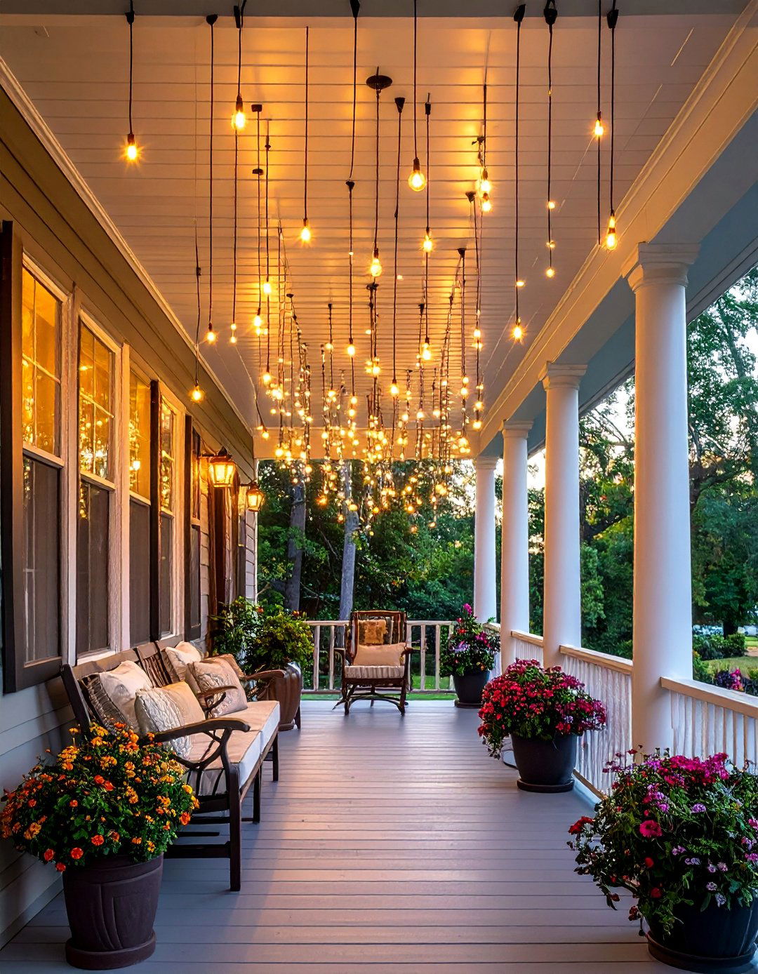 Cascading Waterfall Effect - 20 Front Porch String Lights Ideas for a Cozy Ambiance
