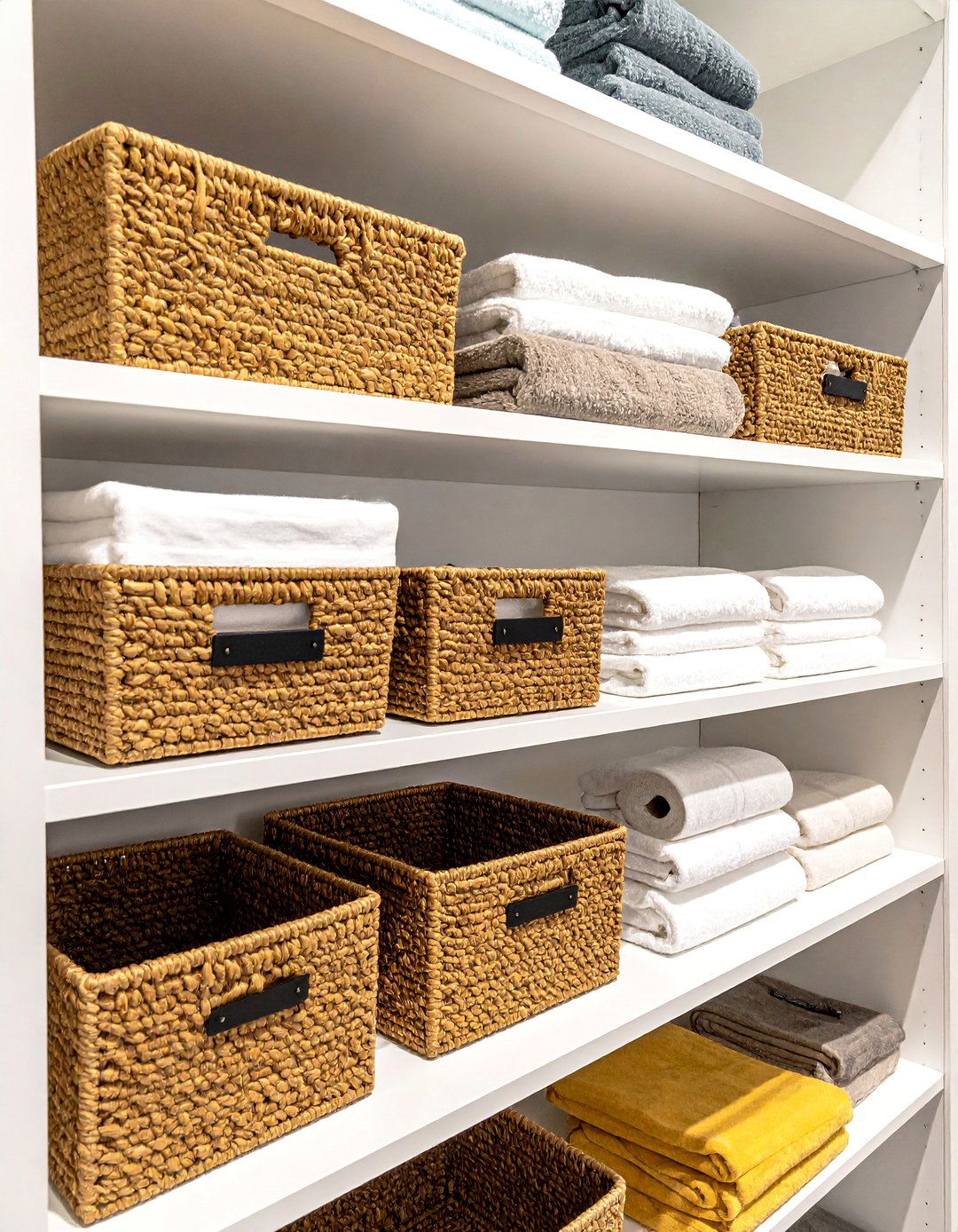 Categorize with Woven Baskets for Linen Closet Organization - 30 Linen Closet Organization Ideas for a Tidy Home