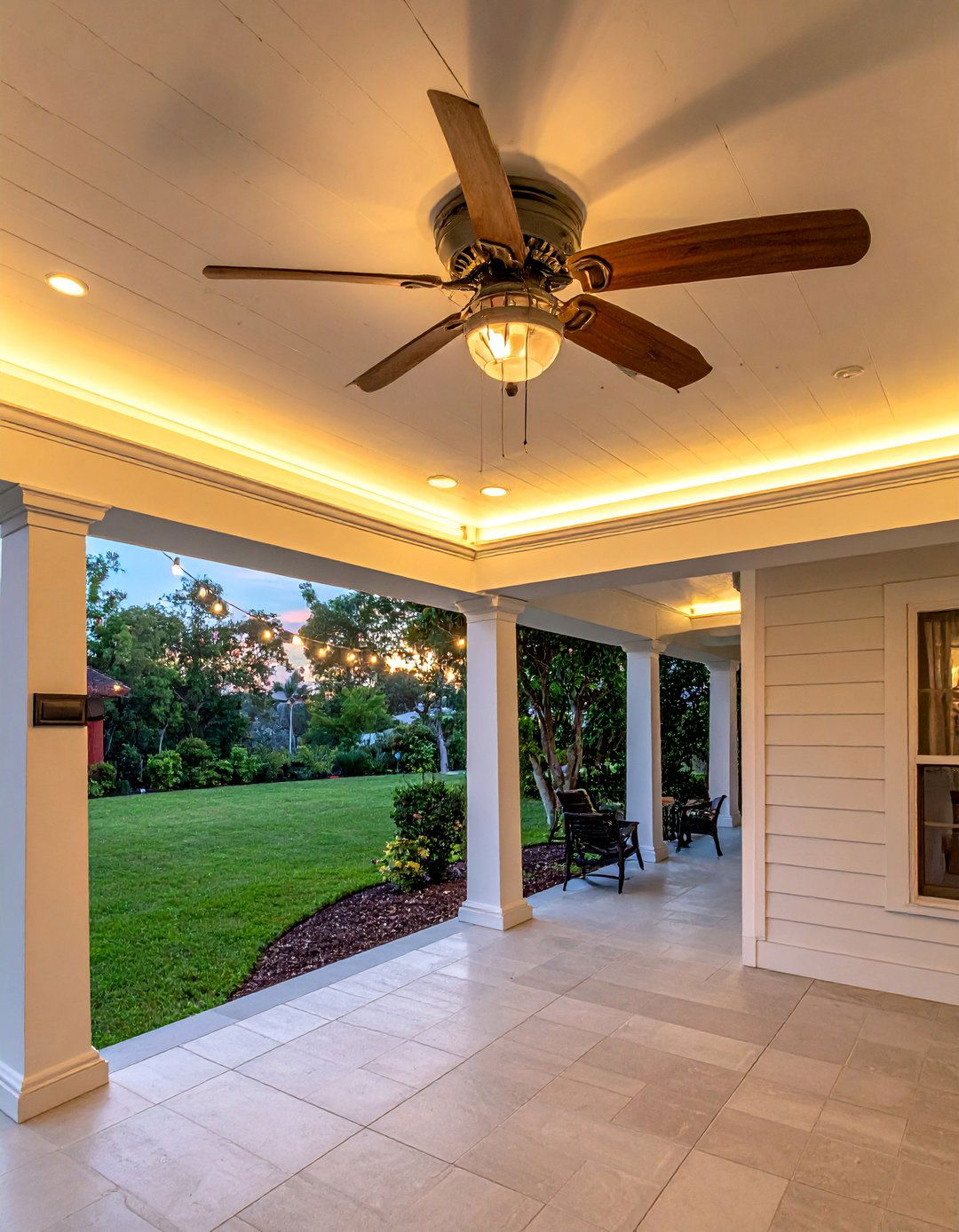 Ceiling Fan Compatible Design - 20 Front Porch String Lights Ideas for a Cozy Ambiance