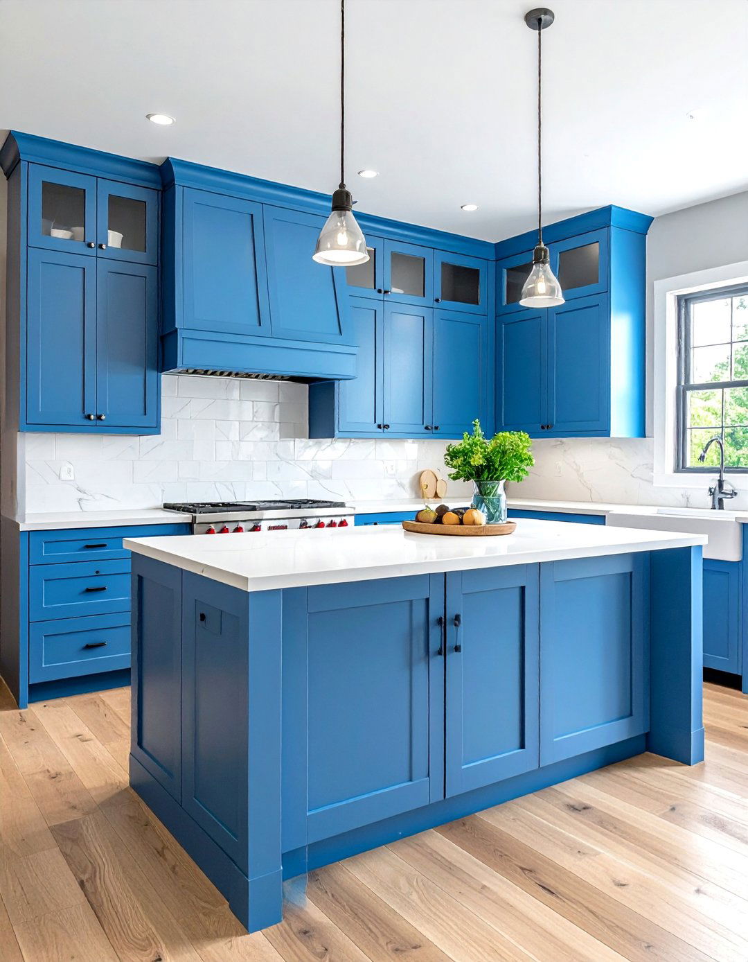Cerulean Blue Cabinets with White Quartz Countertops - 30 Blue Farmhouse Kitchen Cabinets for a Cozy Feel