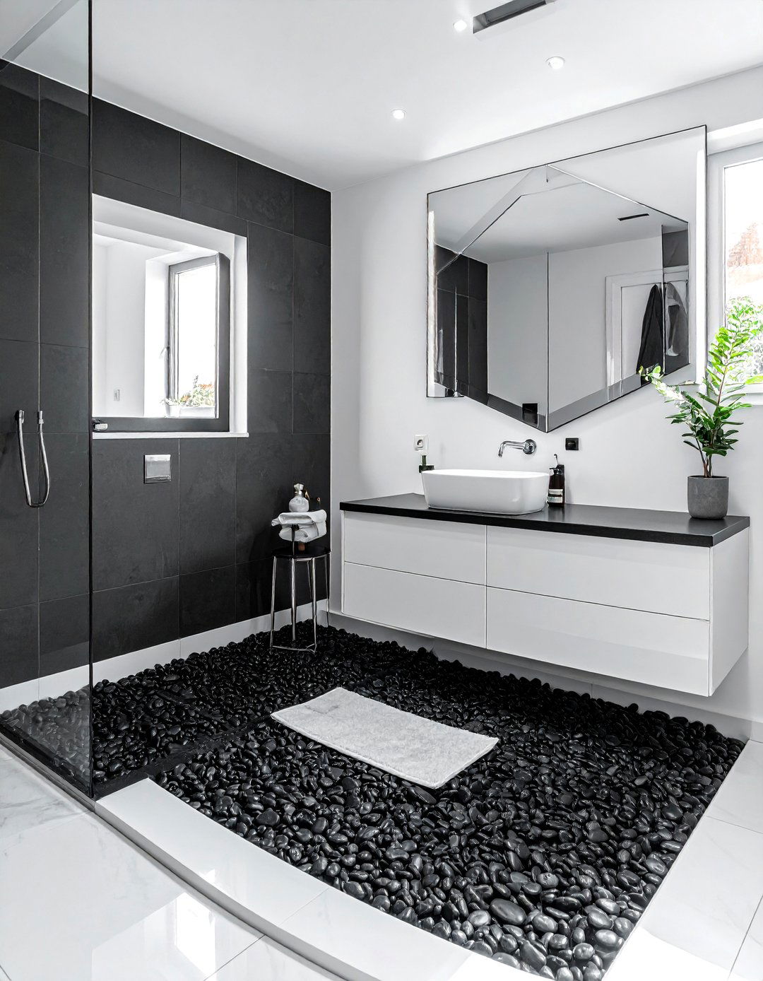 Charcoal Black Contemporary Style - 20 Pebble Tile Bathroom Ideas for a Natural Look