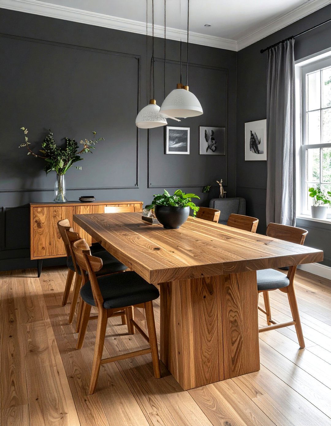 Charcoal Gray Dining Room with Natural Wood Furniture - 25 Gray Dining Room Ideas for a Stylish Space