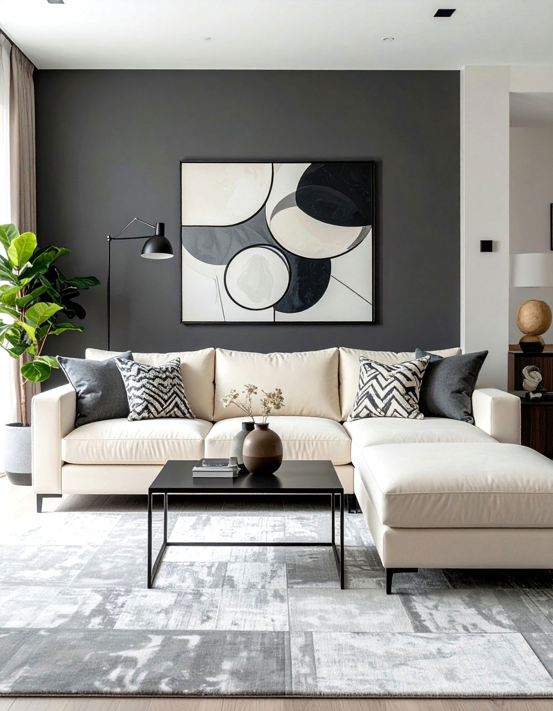 Charcoal Grey Accent Wall with Cream Furnishings - 30 Grey and Cream Living Room Ideas for Elegance