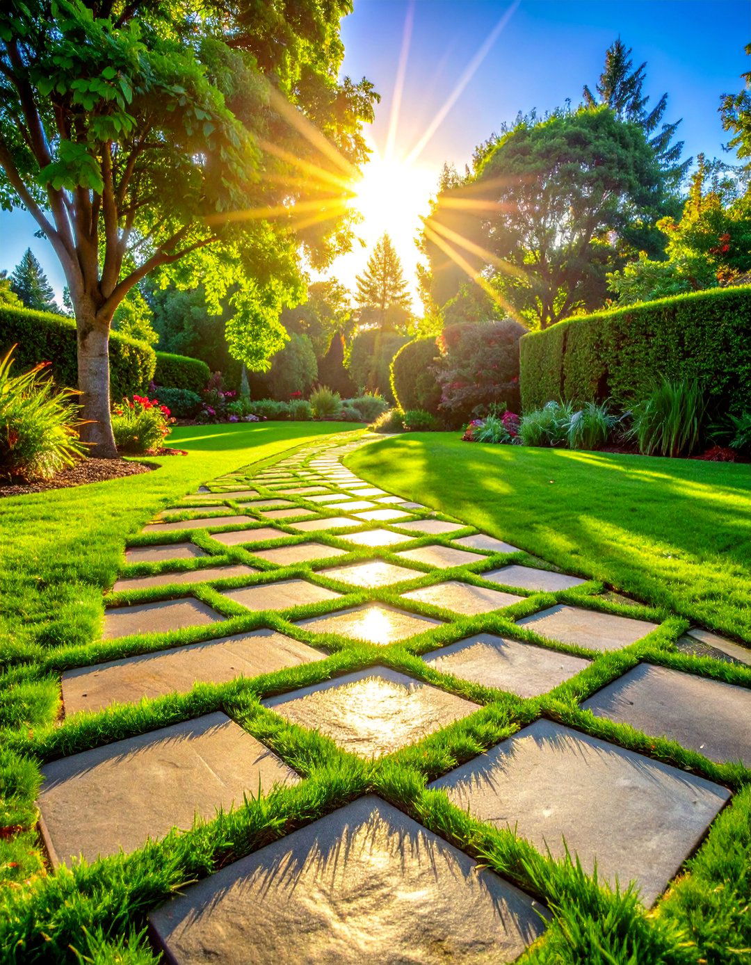 Checkerboard Paver Walkway with Grass - 30 Paver Walkway Ideas to Beautify Your Garden