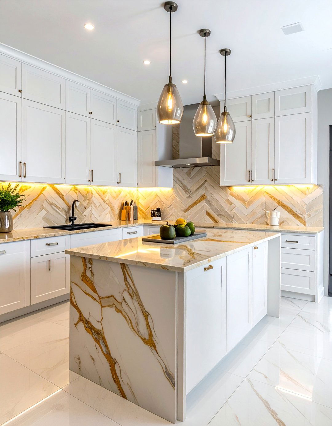 Chevron Pattern Marble Backsplash - 25 Backsplash Ideas for White Cabinets and Granite