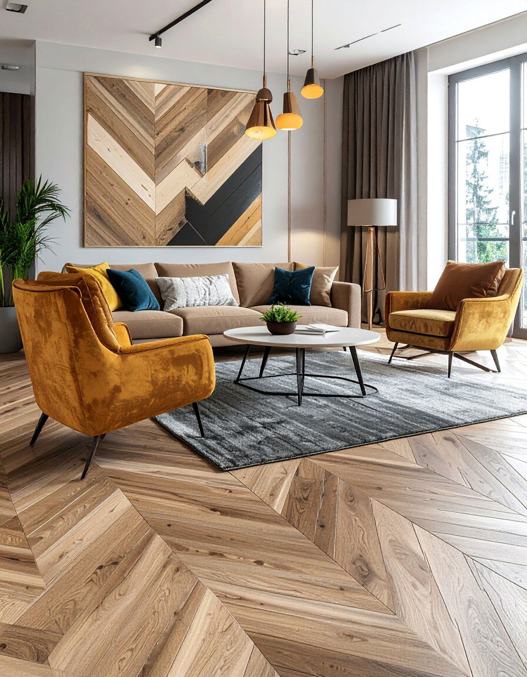 Chevron Pattern Natural Wood - 20 Living Room Vinyl Flooring Ideas for Modern Homes