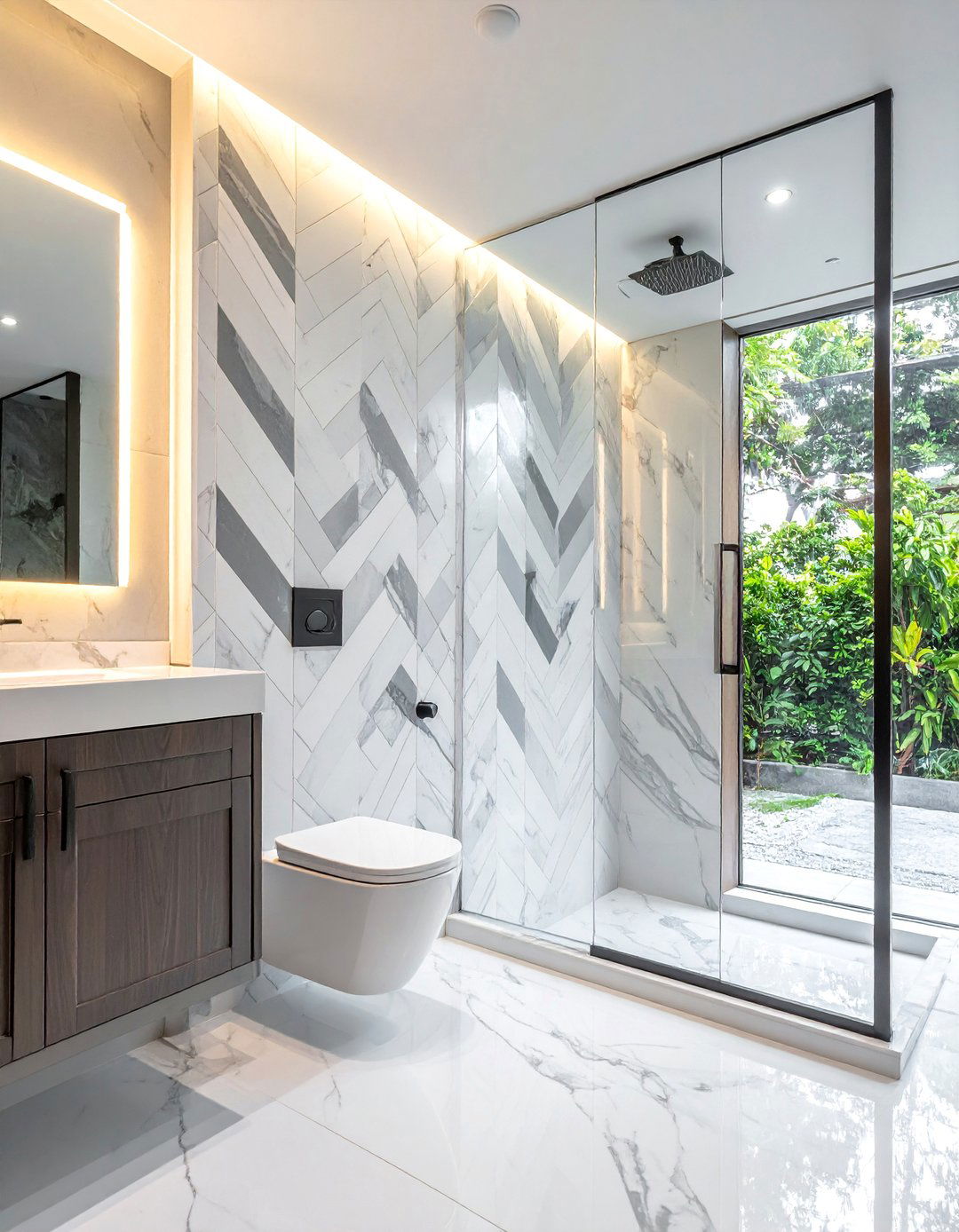 Chevron Tile Pattern Accent Wall - 30 Walk-in Shower Tile Ideas for a Luxurious Bathroom