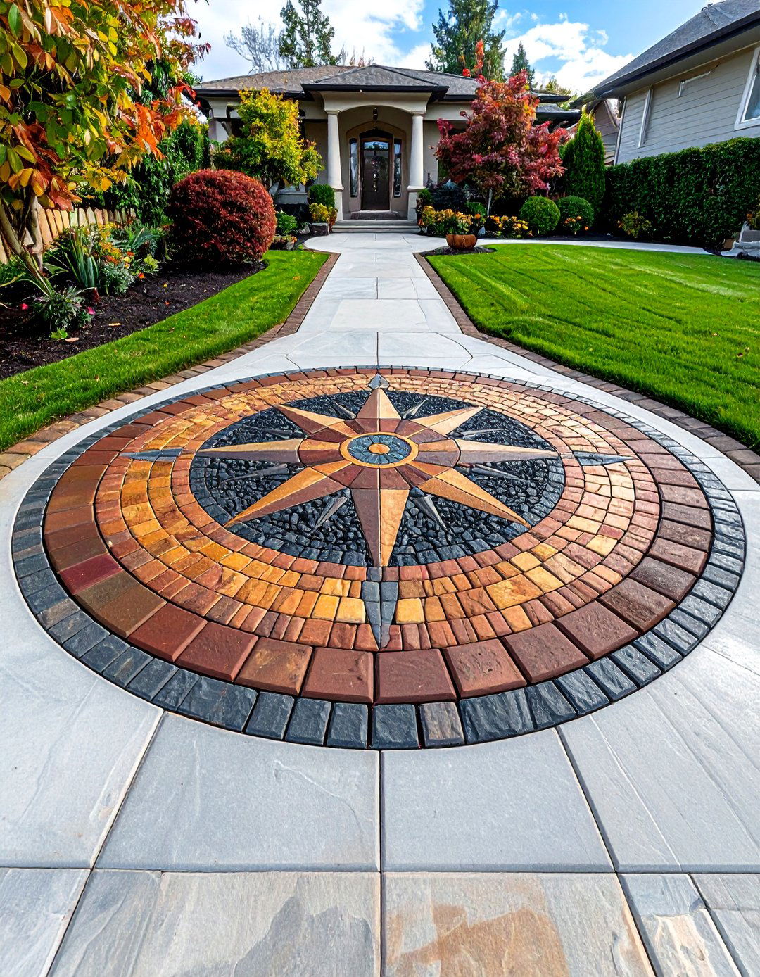 Circular Medallion Paver Walkway Entrance - 30 Paver Walkway Ideas to Beautify Your Garden