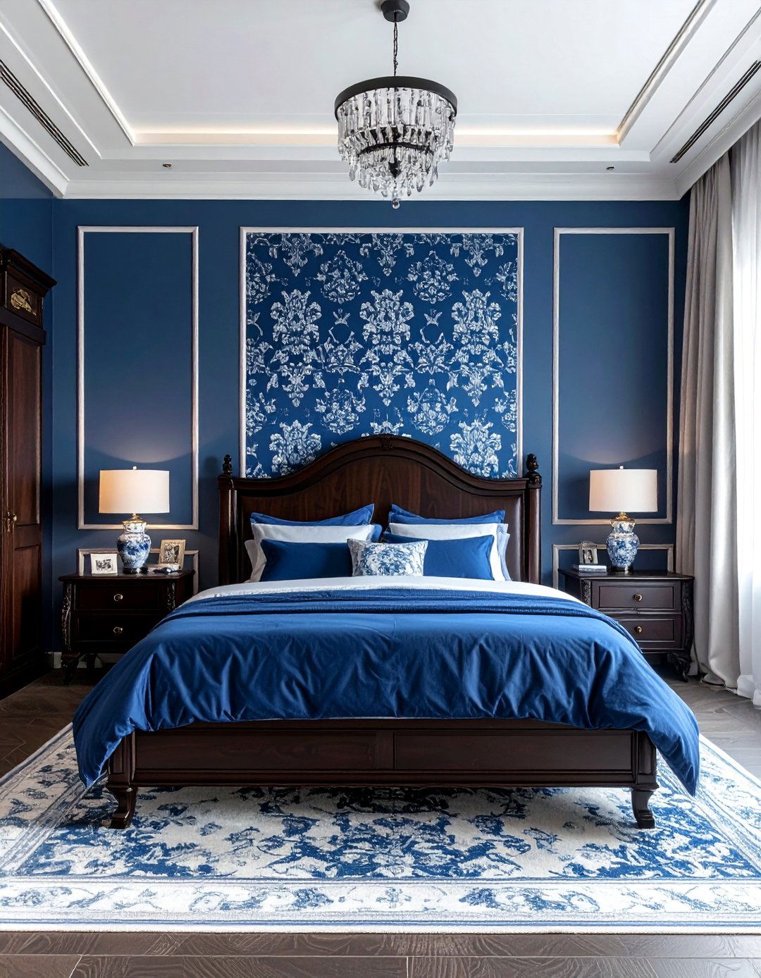 Classic Blue and White Damask Pattern - 40 Blue Bedroom Ideas for a Serene and Relaxing Atmosphere