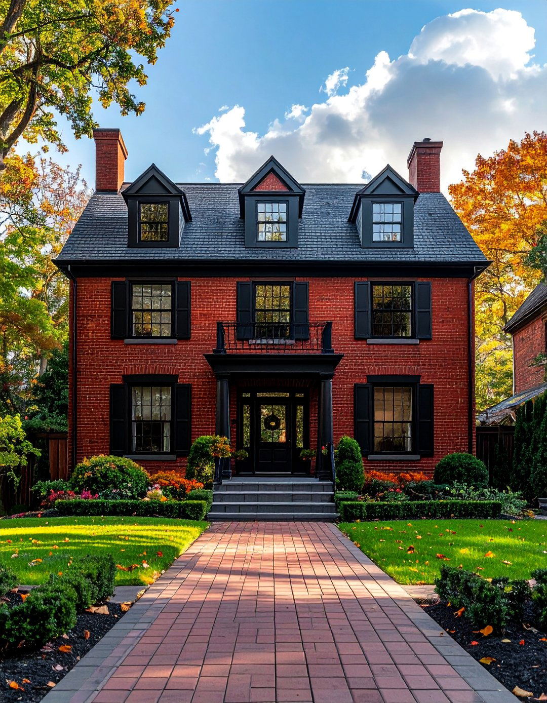 Classic Red Brick House With Black Windows - 30 Houses With Black Windows for Bold Style