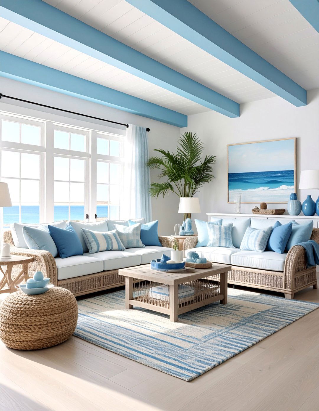 Coastal Blue Painted Exposed Beam Living Room - 25 Exposed Beam Living Room Ideas for Rustic Charm