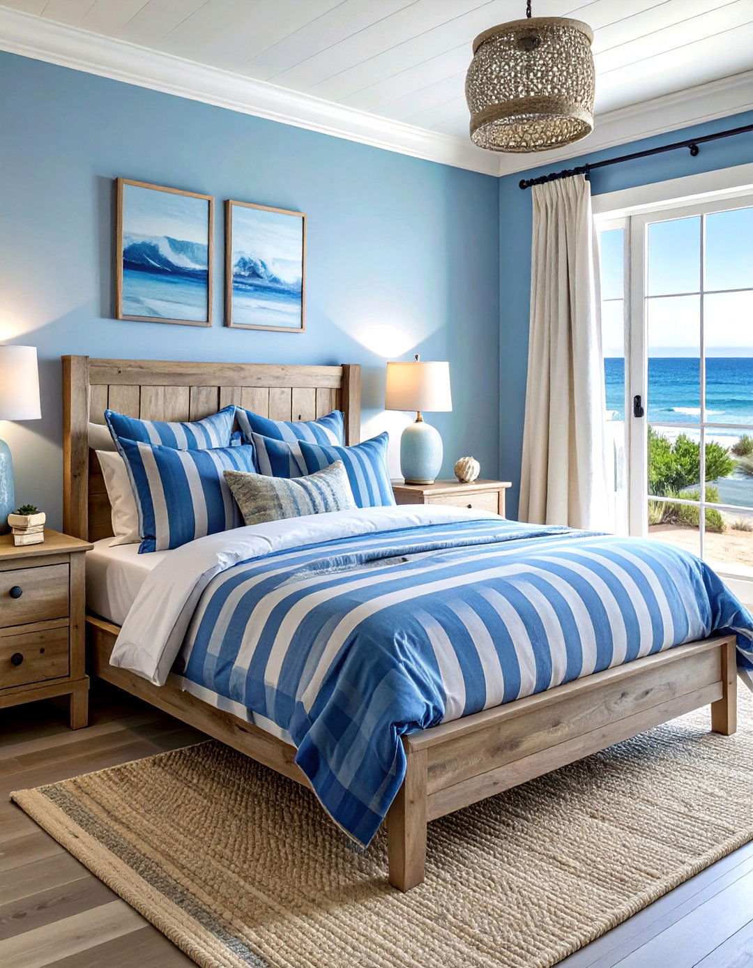 Coastal Blue and White Striped Bedding - 40 Blue Bedroom Ideas for a Serene and Relaxing Atmosphere