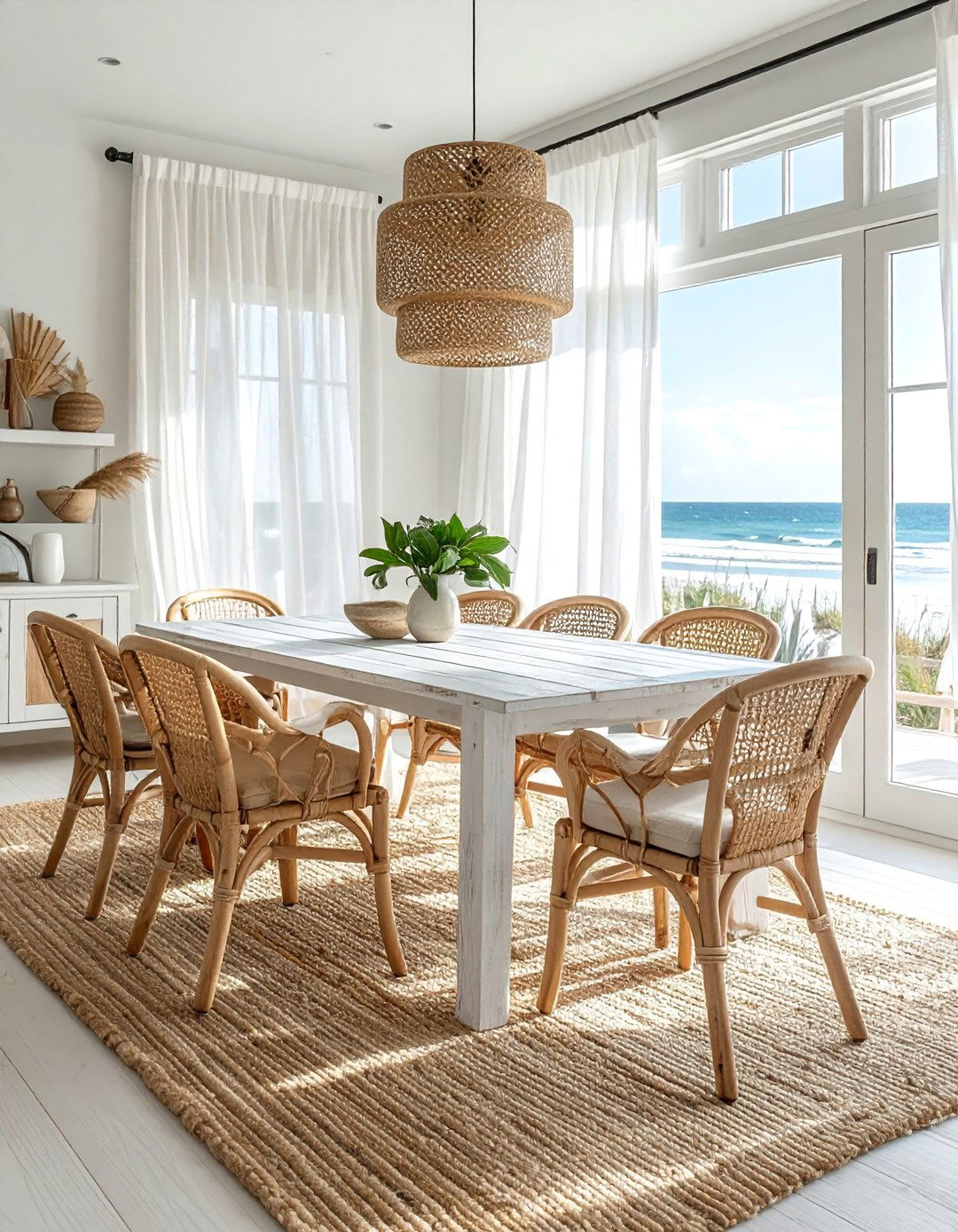 Coastal White Dining Room with Rattan Chairs - 30 Elegant White Dining Room Ideas for a Timeless Look