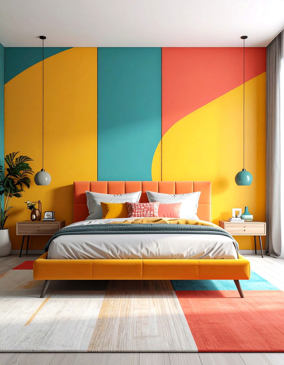 Color Blocked Wall with Geometric Shapes - 30 Colorful Bedroom Ideas for a Vibrant Space