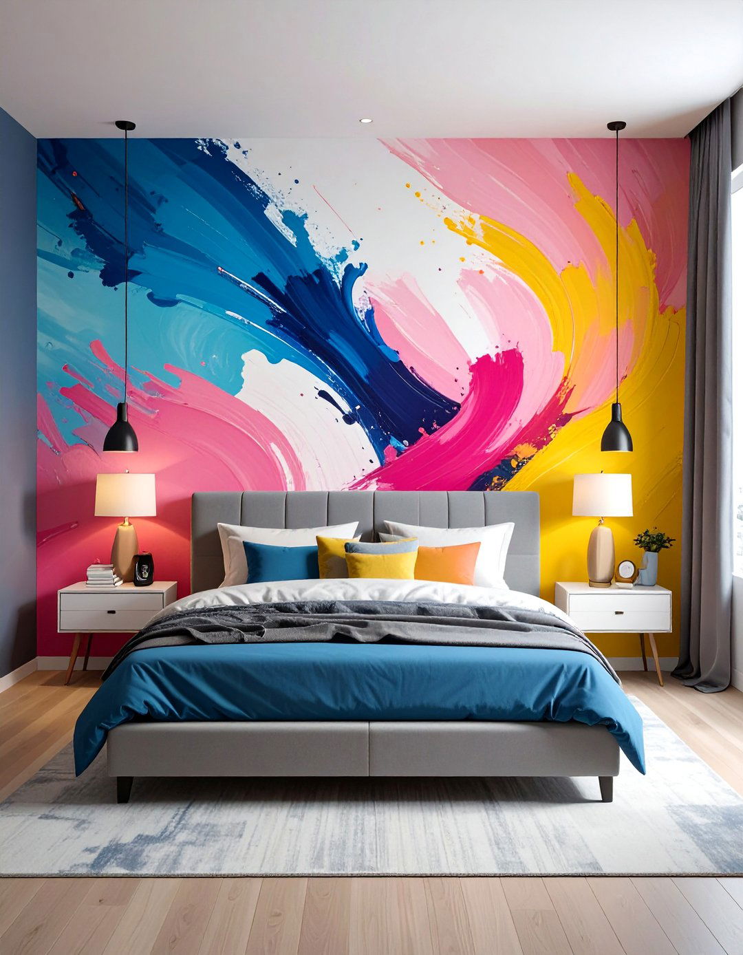 Colorful Abstract Mural Wall - 30 Colorful Bedroom Ideas for a Vibrant Space