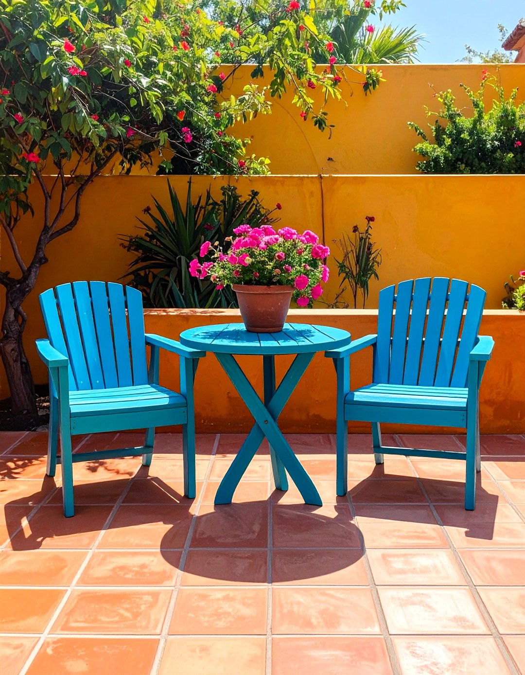 Colorful Painted Furniture in a Mexican Garden - 25 Mexican Garden Ideas for a Vibrant Outdoor Space