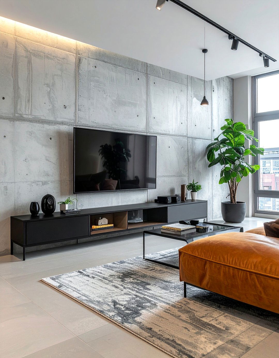 Concrete Finish Media Wall - 35 Stunning Media Wall Ideas to Transform Your Living Space
