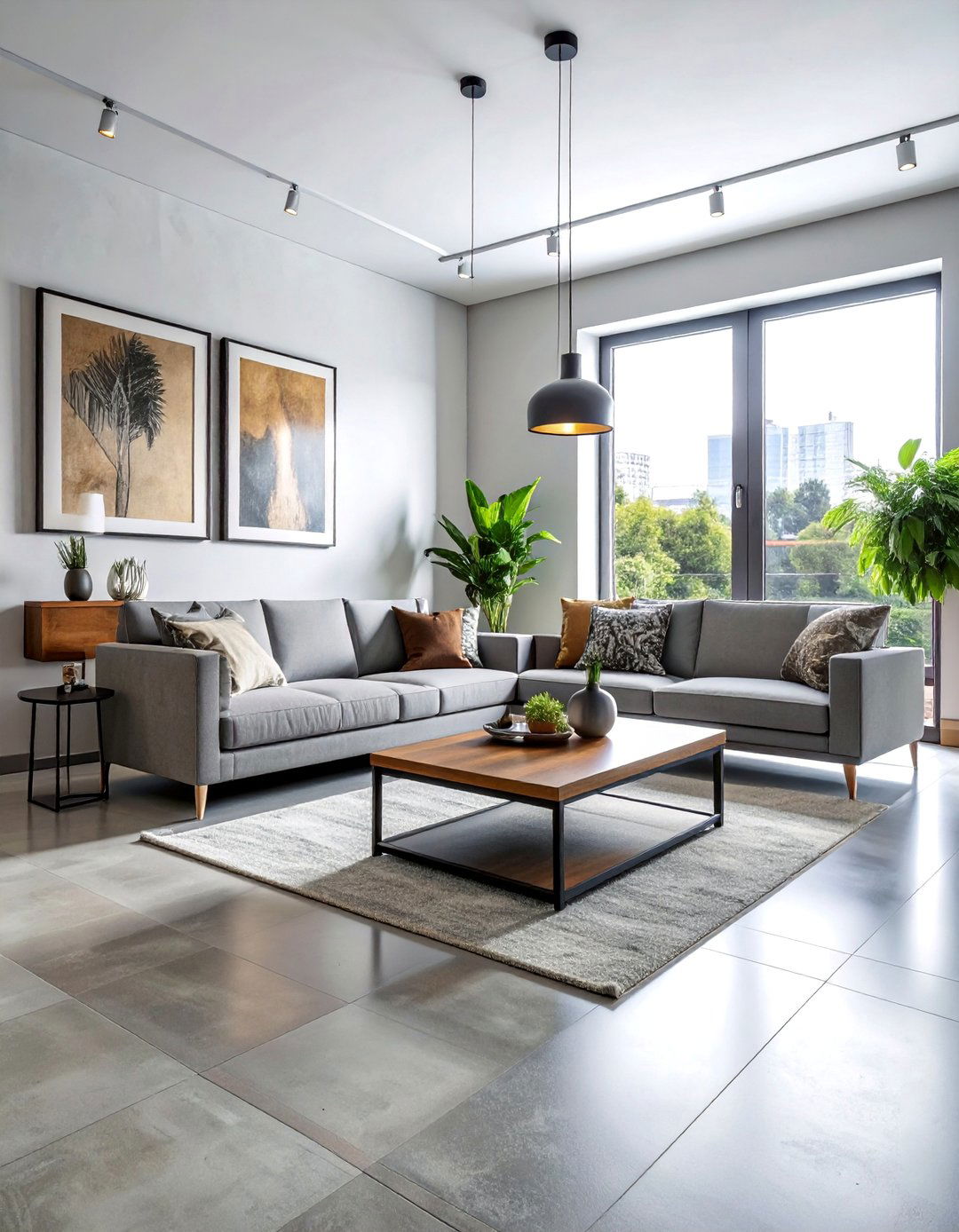 Concrete Look Industrial Tiles - 20 Living Room Vinyl Flooring Ideas for Modern Homes