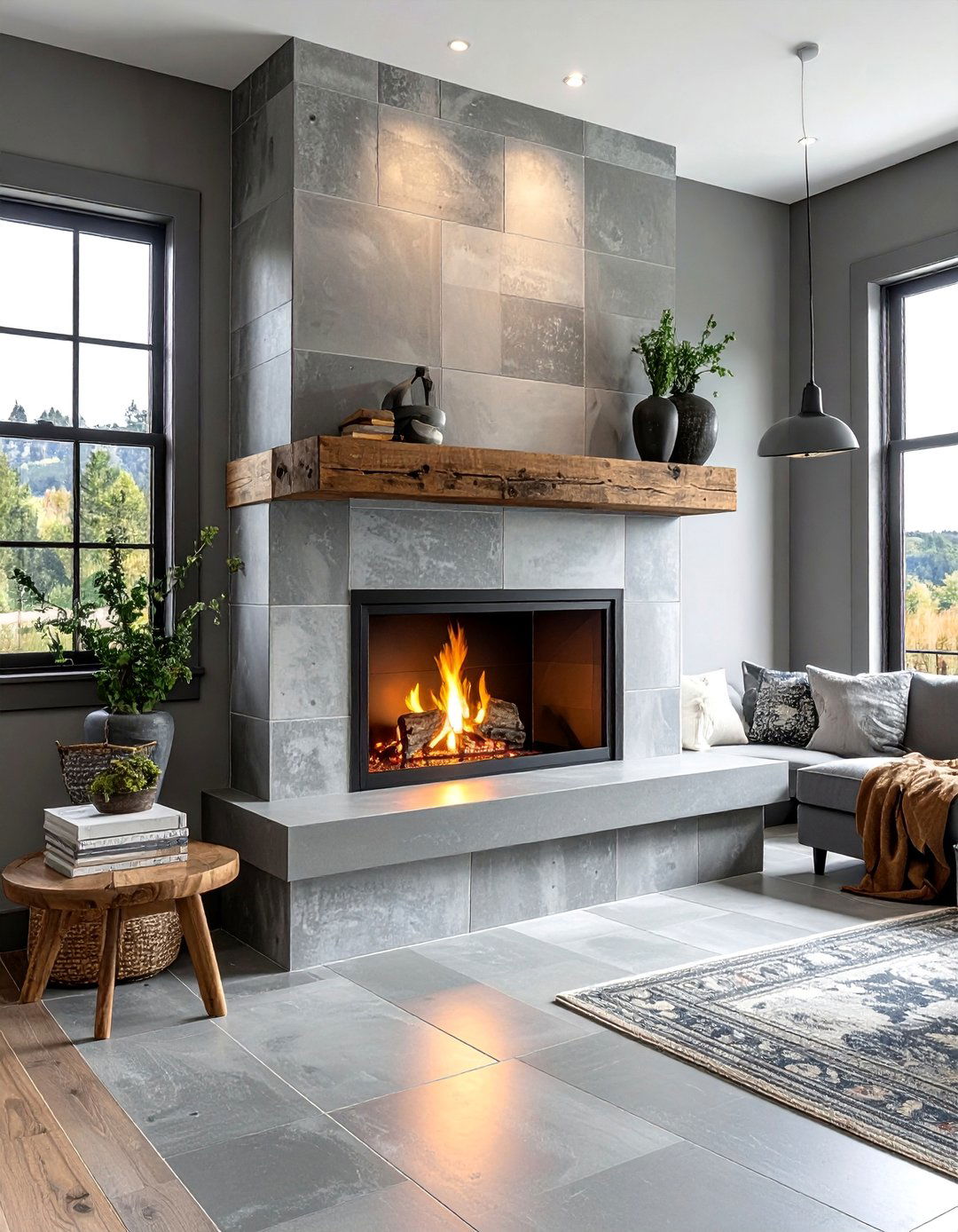 Concrete Look Porcelain Farmhouse Fireplace Tile - 30 Farmhouse Fireplace Tile Ideas for a Cozy Ambiance