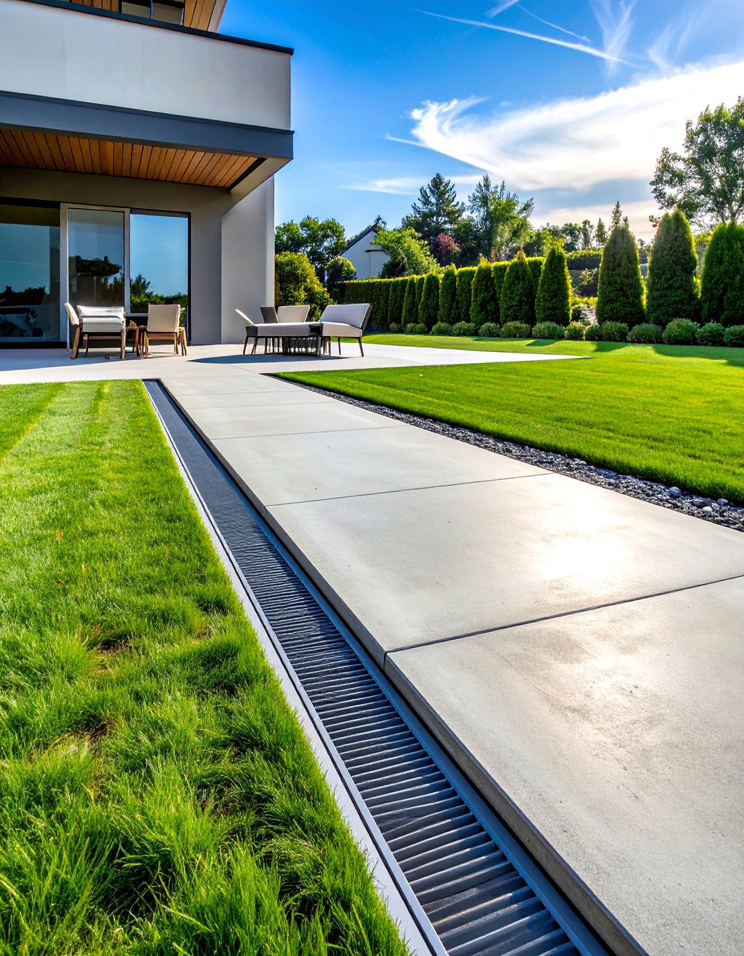 Concrete Patio with Modern Drainage Channels - 40 Concrete Patio Ideas for a Modern and Durable Outdoor Space