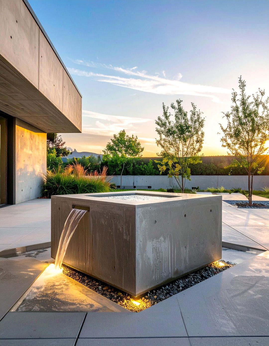 Concrete Patio with a Modernist Fountain - 40 Concrete Patio Ideas for a Modern and Durable Outdoor Space