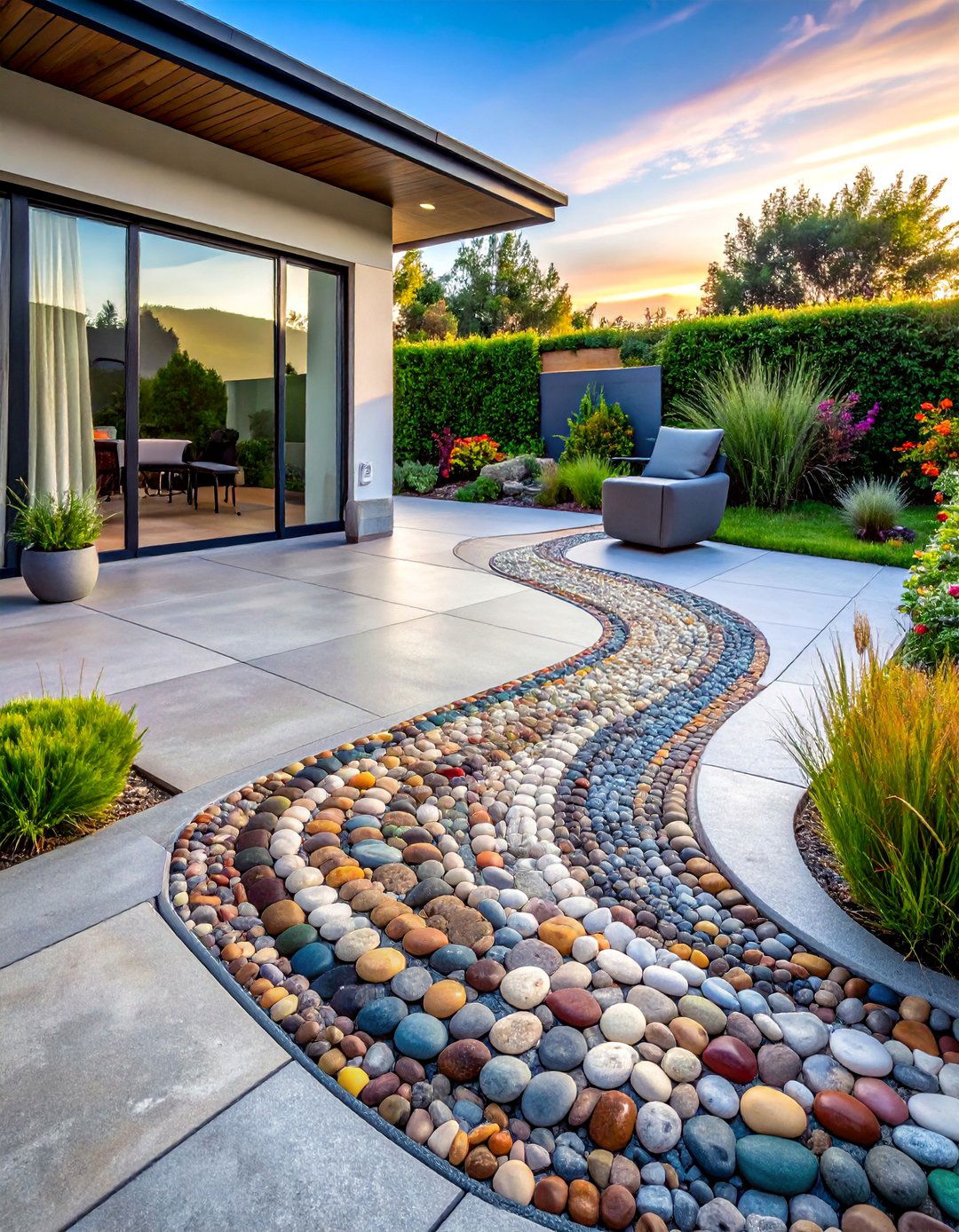 Concrete Patio with a Pebble Mosaic Border - 40 Concrete Patio Ideas for a Modern and Durable Outdoor Space