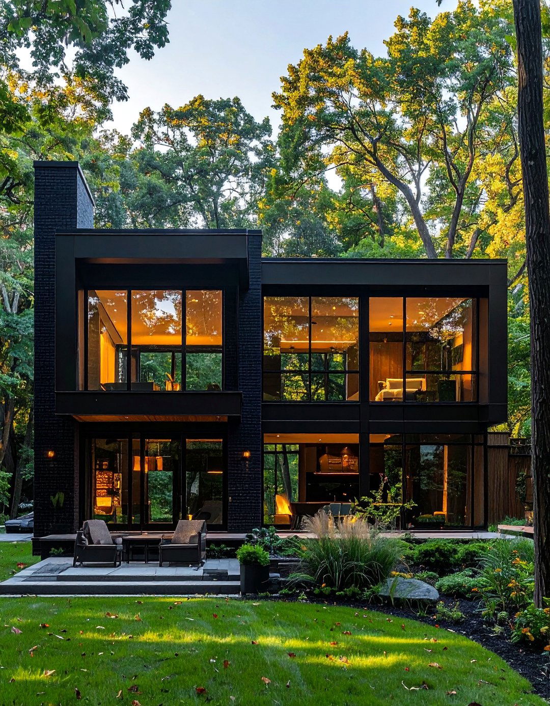 Contemporary Black Brick House with Large Glass Windows - 40 Black Brick House Exteriors for a Timeless and Elegant Look