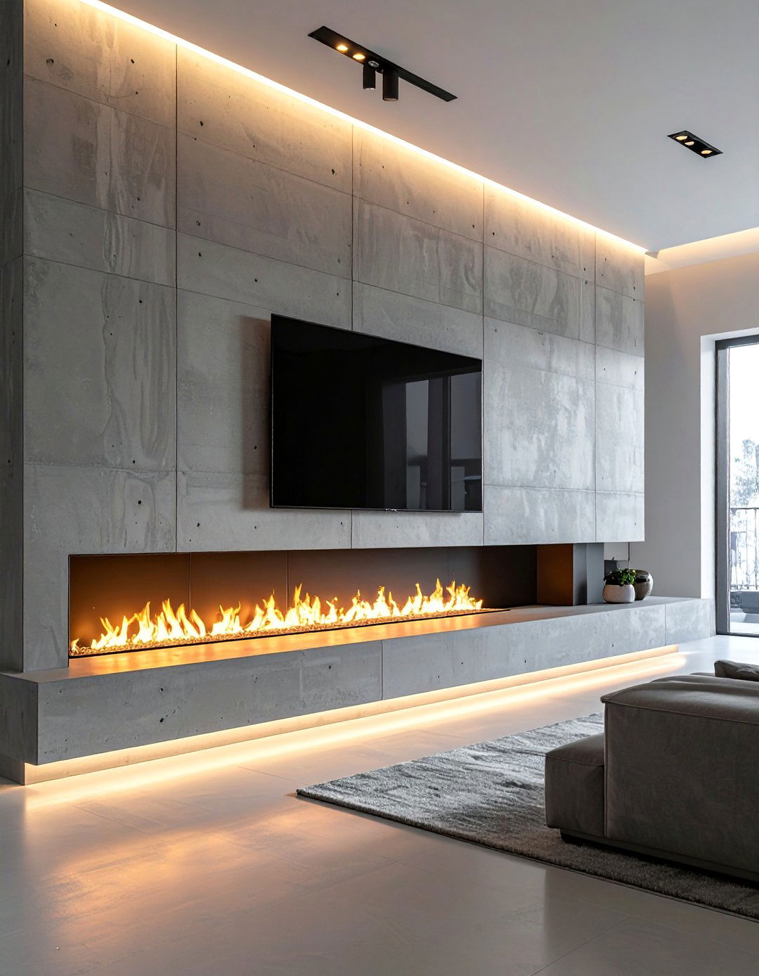 Contemporary Concrete Fireplace Wall - 20 Linear Fireplace Ideas With TV Above for Cozy Nights