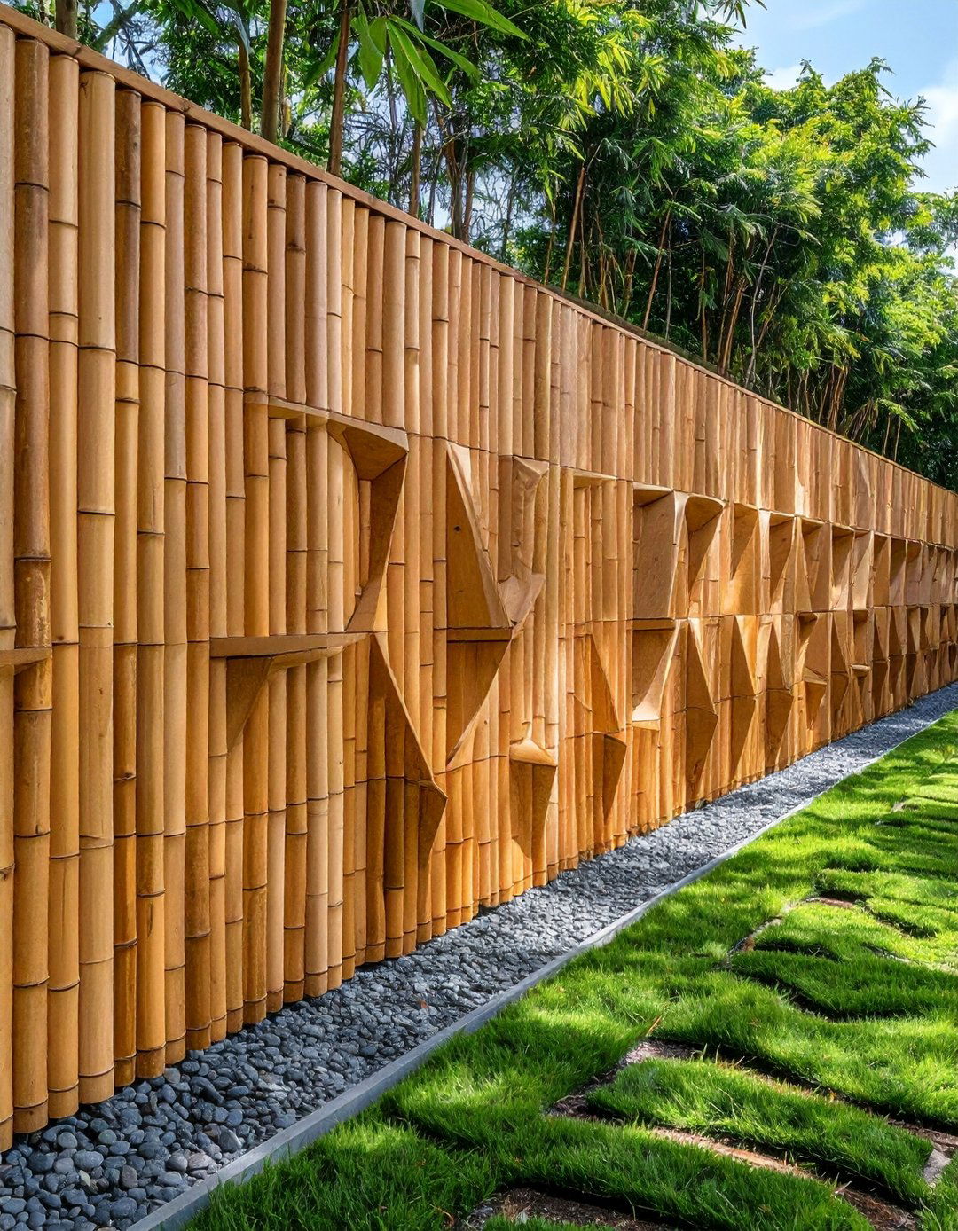 Contemporary Geometric Bamboo Panel Fence - 40 Japanese Fence Ideas for Serene Gardens