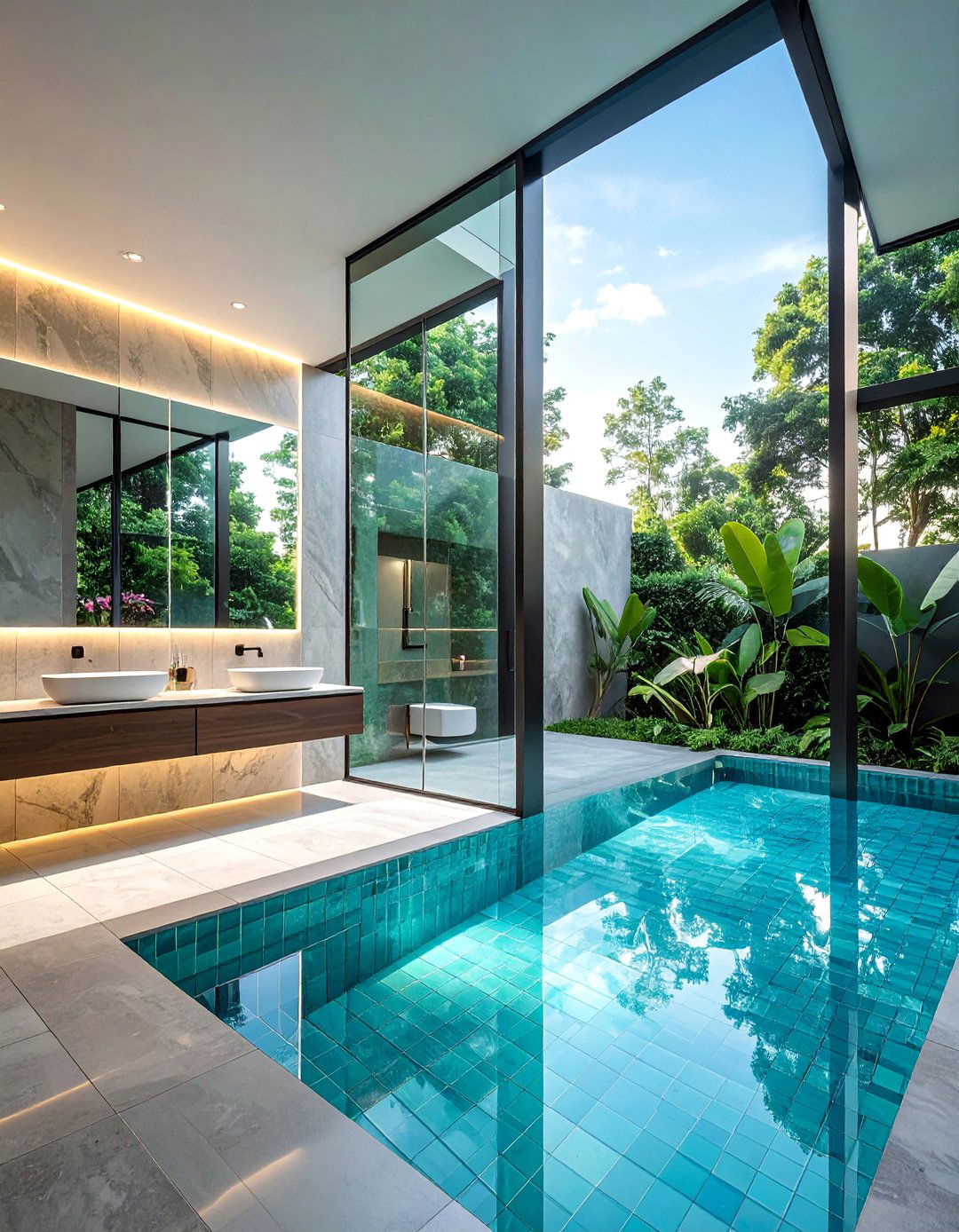 Contemporary Glass Pool Bathroom Haven - 20 Pool Bathroom Ideas for a Luxurious Spa Feel