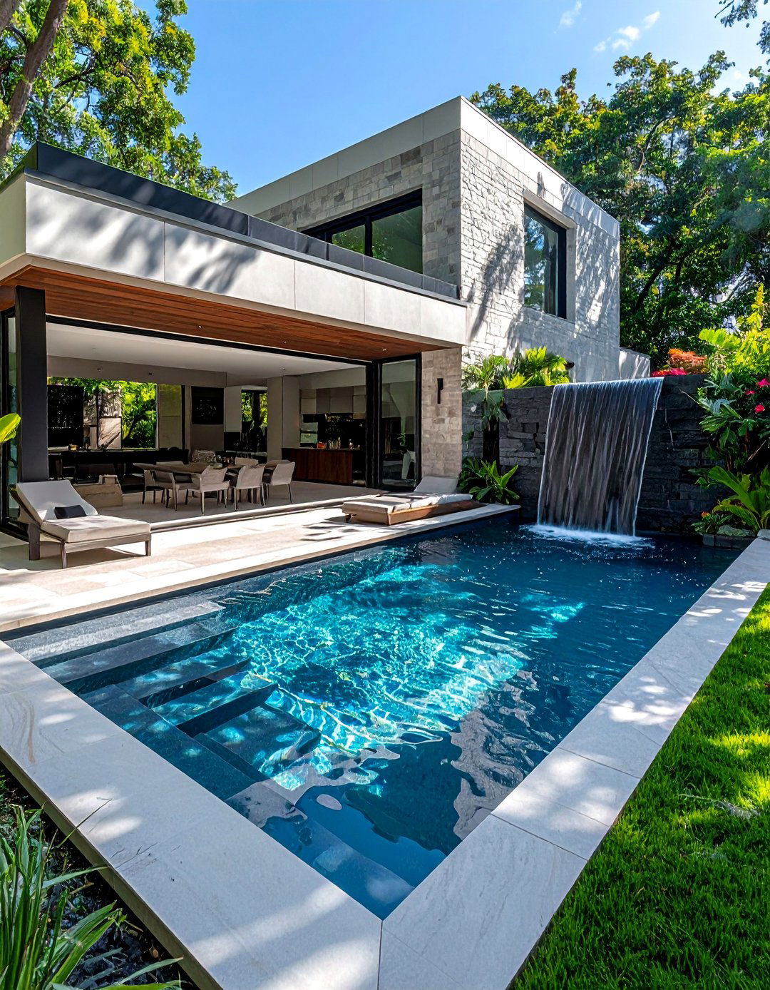 Contemporary Pool with Geometric Water Features - 40 Backyard Pool Ideas for a Refreshing Summer Oasis