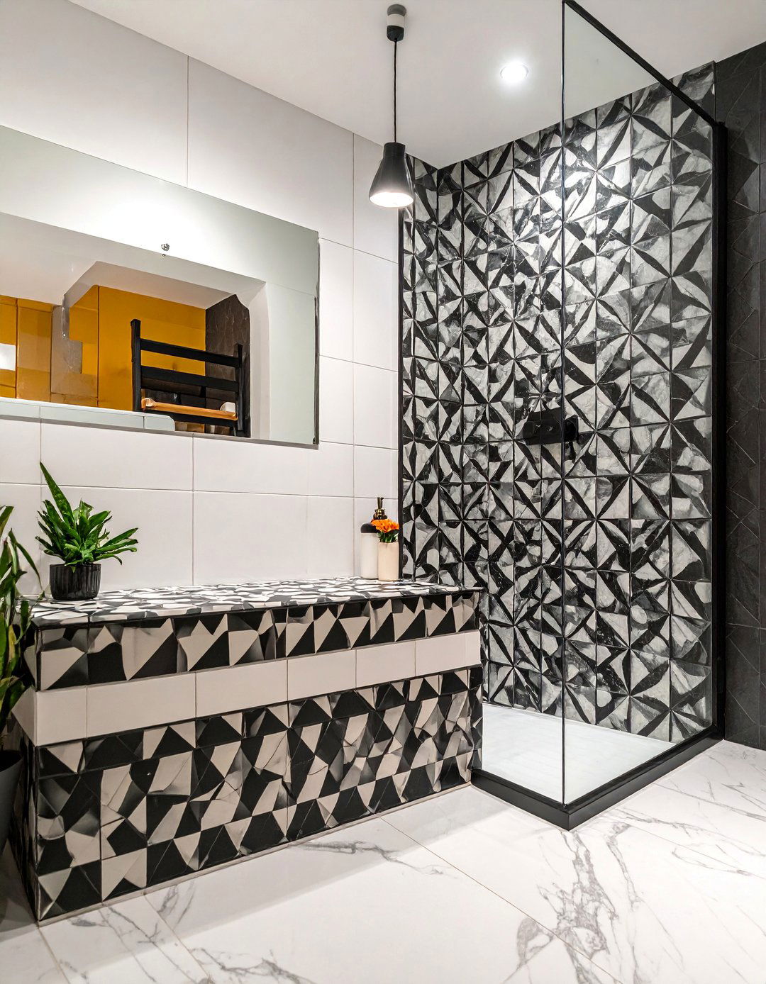 Contrasting Tiled Shower Bench - 30 Walk-in Shower Tile Ideas for a Luxurious Bathroom