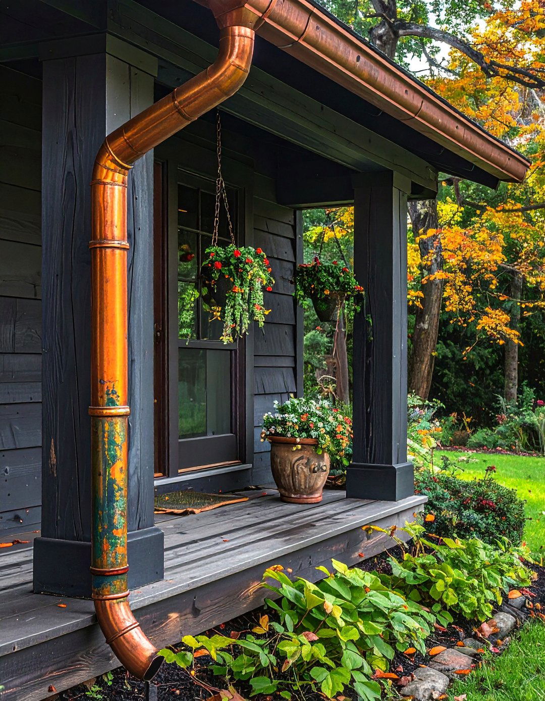 Copper Gutter and Downspout Accents for a Rustic Front Porch