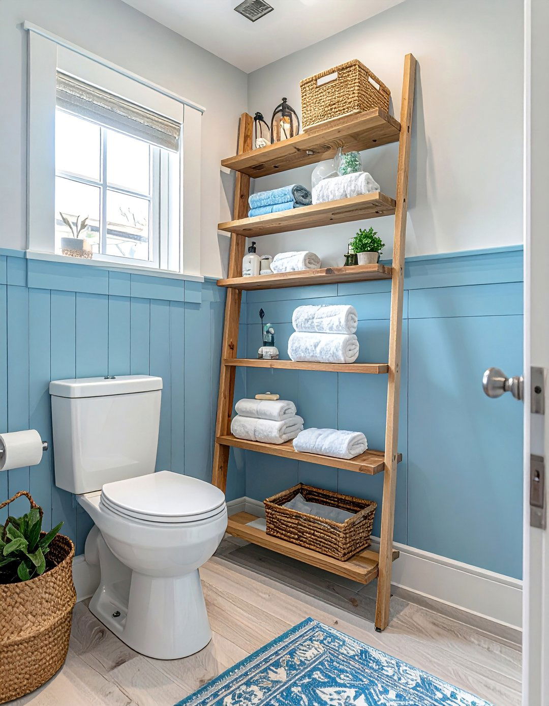 Corner Ladder Shelf - 25 Over Toilet Storage Ideas to Maximize Bathroom Space
