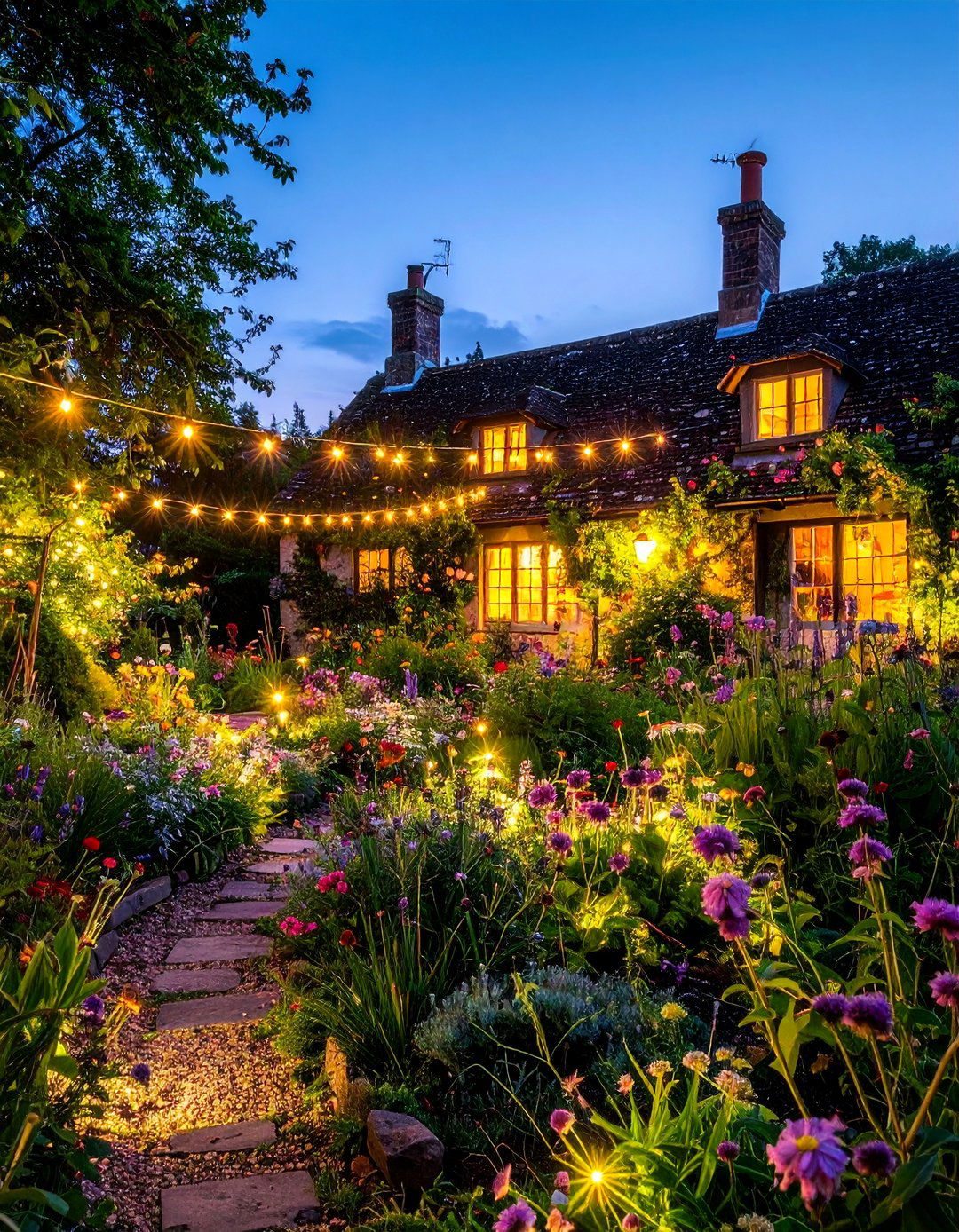 Cottage Garden Romance - 40 Patio String Light Ideas to Illuminate Your Nights