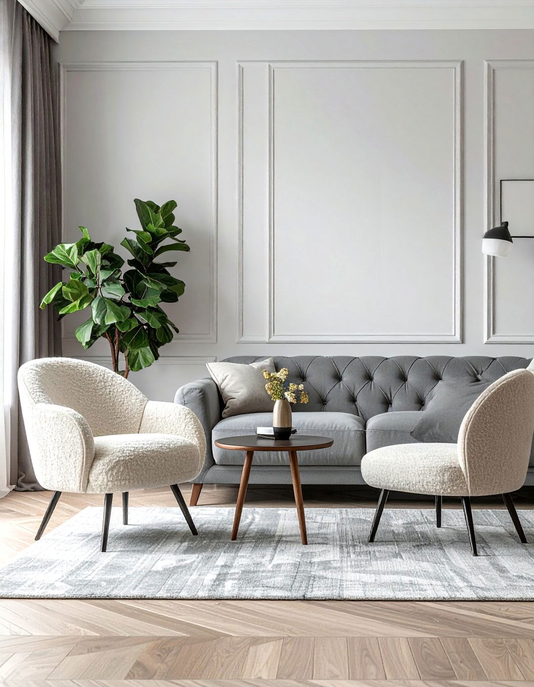 Cream Boucle Chairs in a Grey Setting - 30 Grey and Cream Living Room Ideas for Elegance