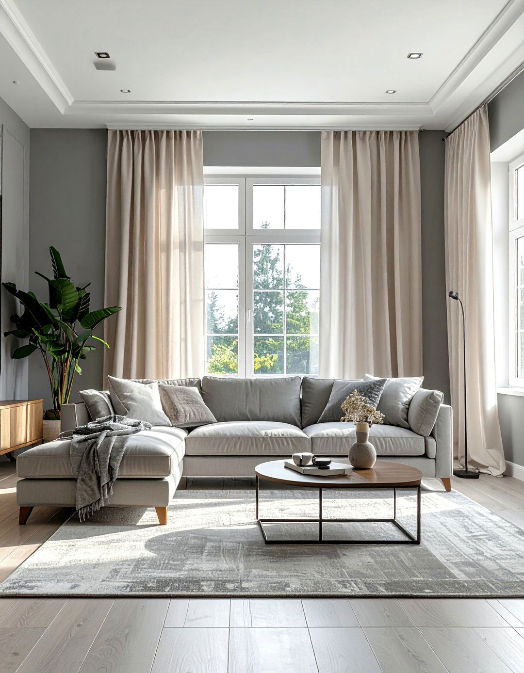 Cream Curtains Against Grey Walls - 30 Grey and Cream Living Room Ideas for Elegance