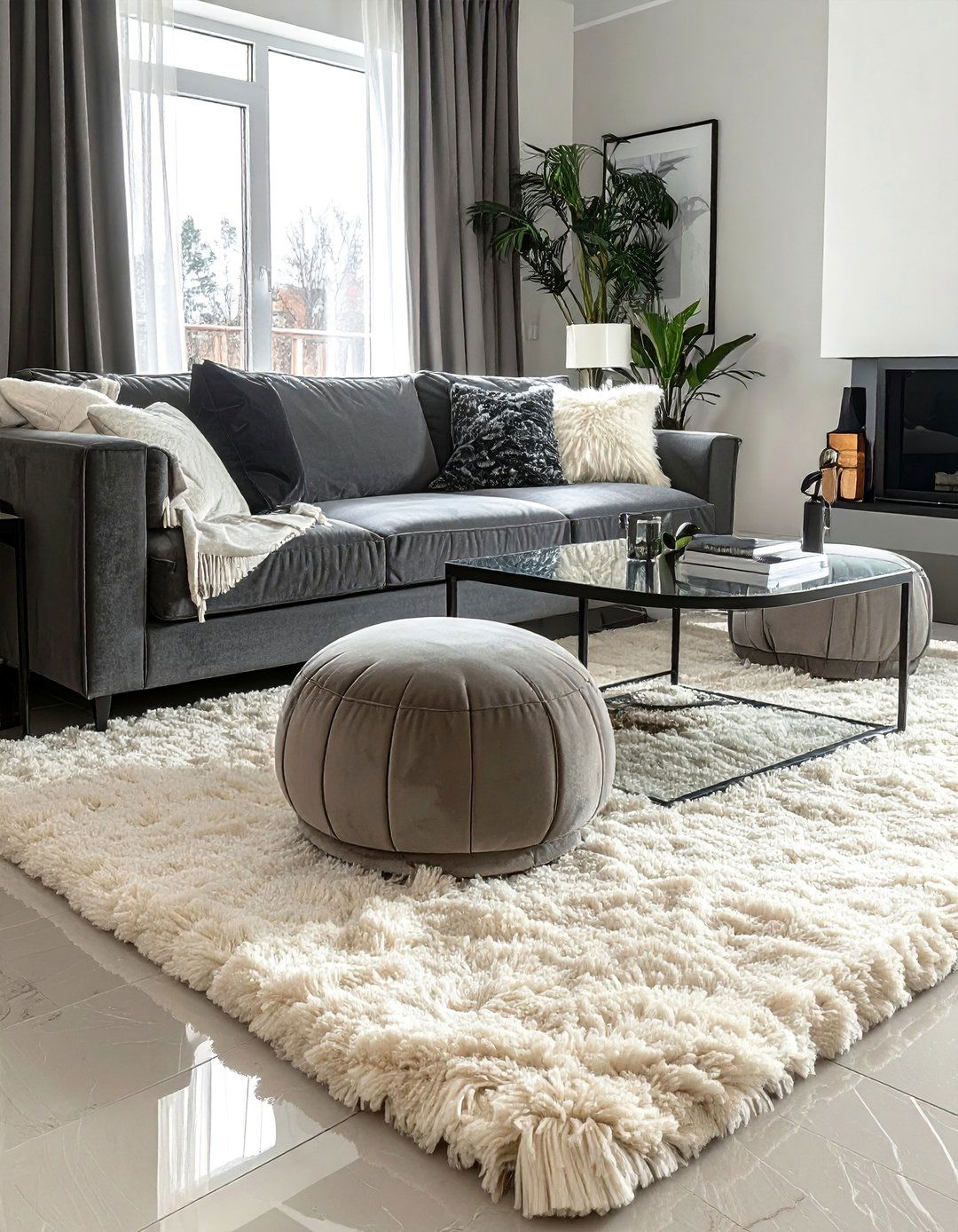 Cream Shag Rug in a Grey Living Room - 30 Grey and Cream Living Room Ideas for Elegance
