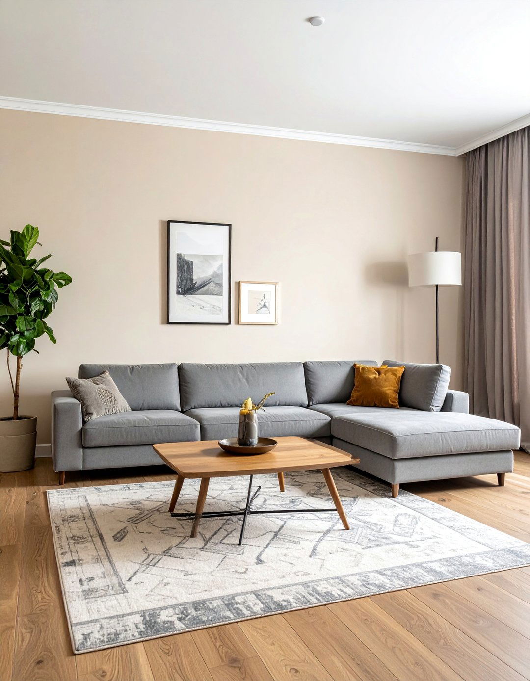 Cream Walls Paired with a Grey Sectional Sofa