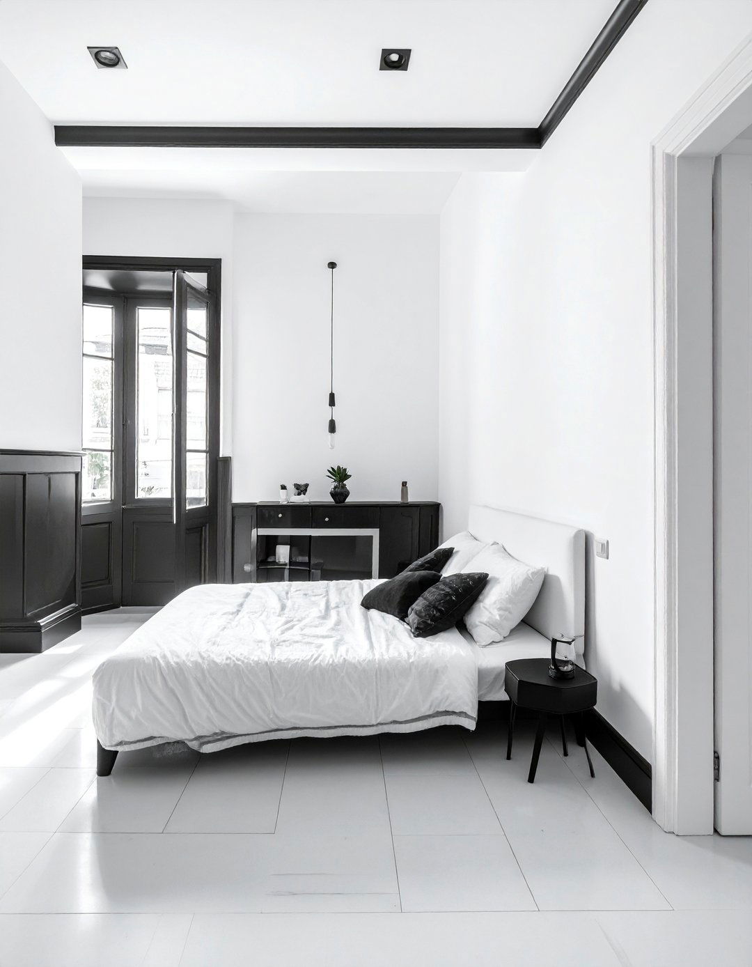 Crisp White Walls with Black Trim - 40 Black and White Bedroom Ideas for Elegance