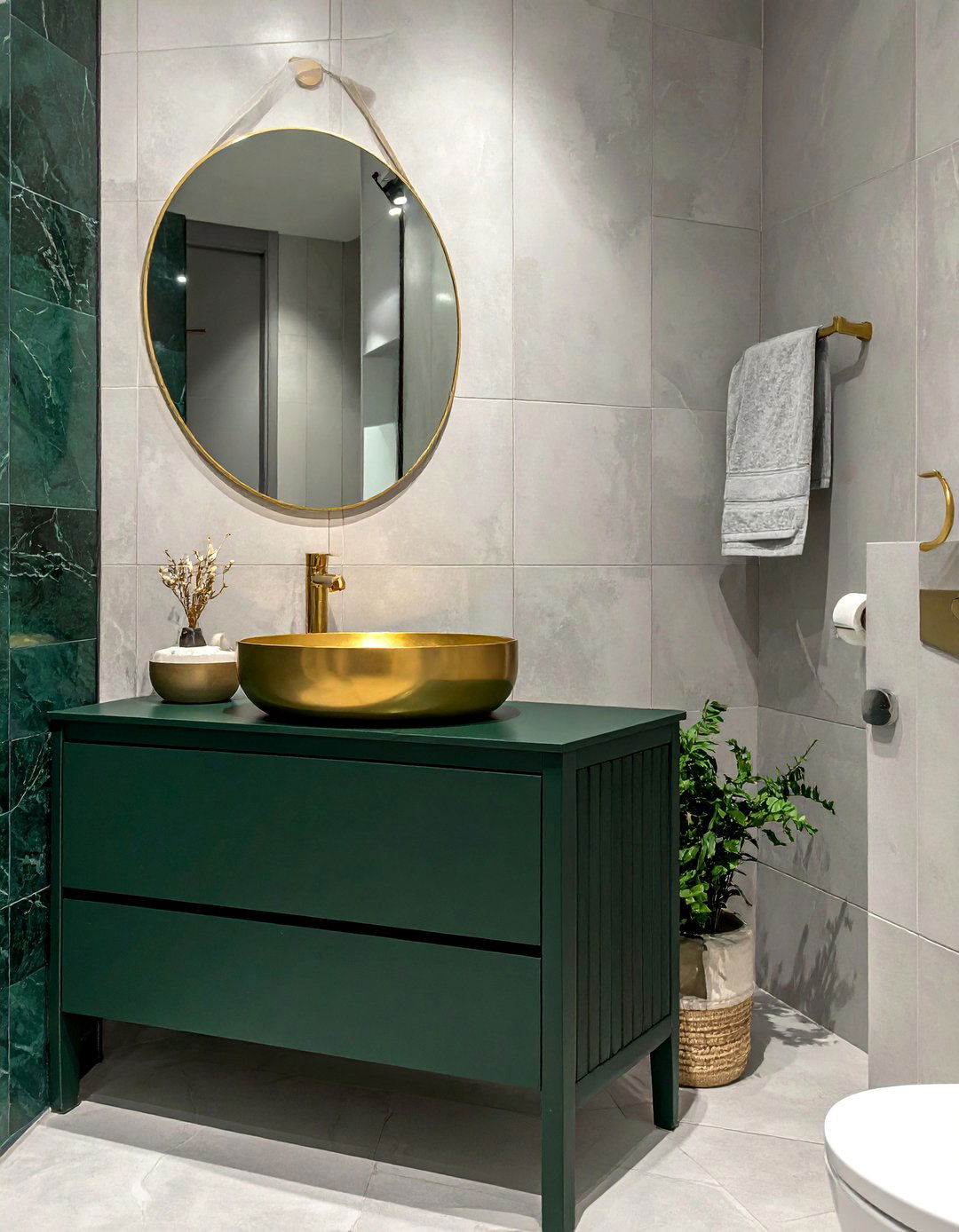 Dark Forest Green Vanity with a Gold Vessel Sink - 20 Green and Gold Bathroom Ideas for a Luxurious Feel