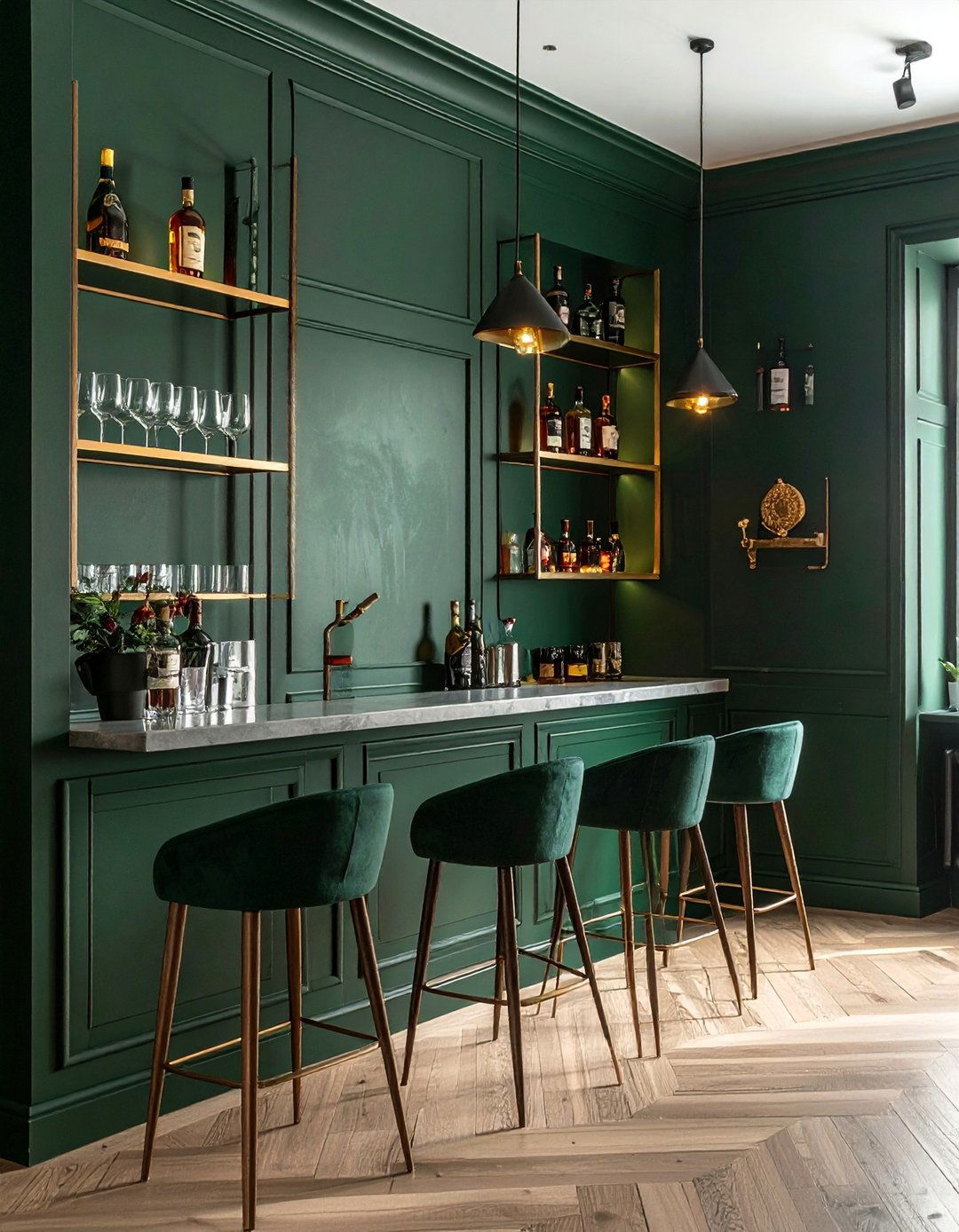 Dark Green Accent Wall Behind a Home Bar - 40 Dark Green Accent Wall Ideas for Bold Spaces