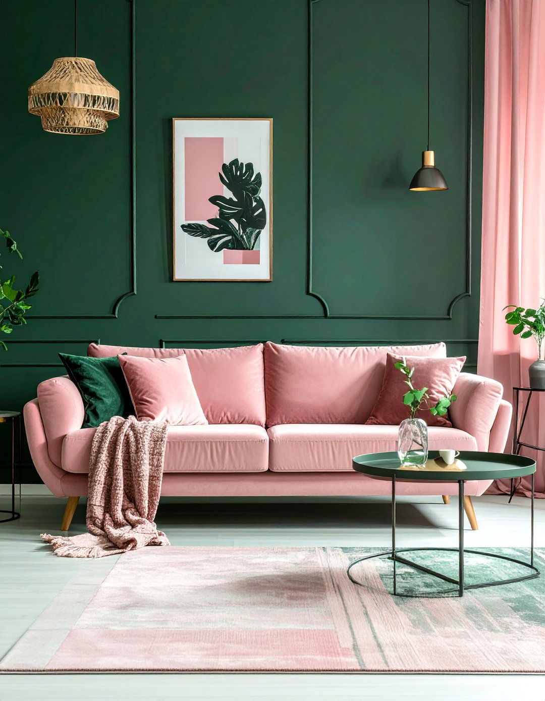 Dark Green Accent Wall Contrasted with Pink - 40 Dark Green Accent Wall Ideas for Bold Spaces
