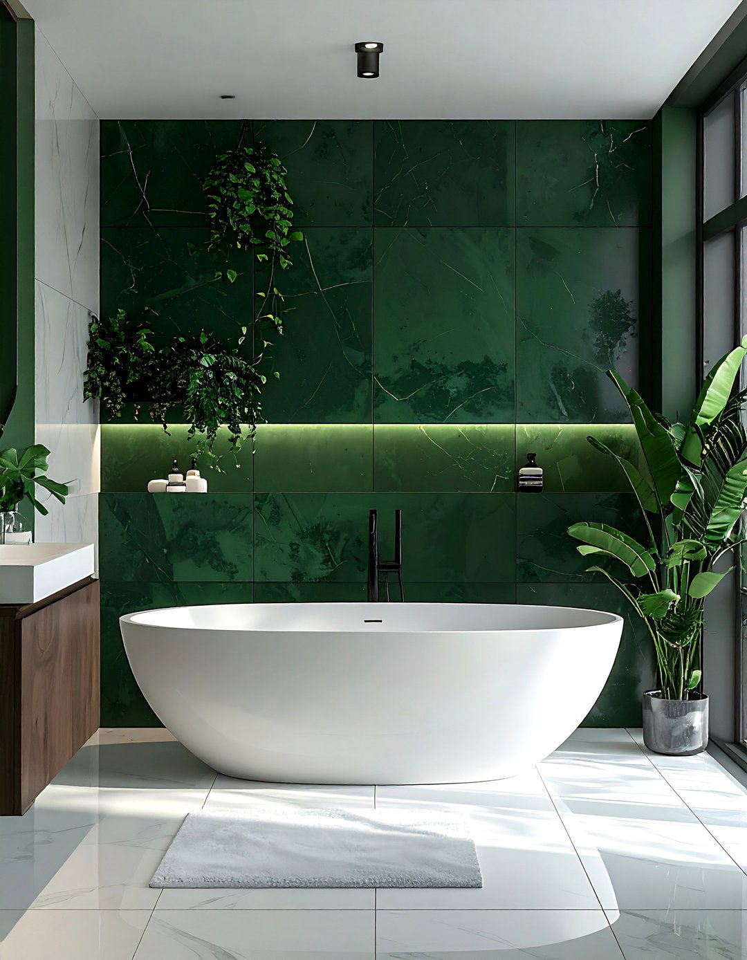 Dark Green Accent Wall in a Bathroom