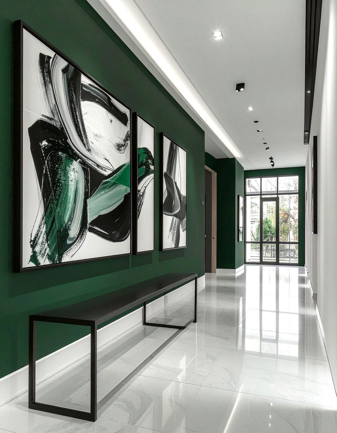 Dark Green Accent Wall with Black and White Art - 40 Dark Green Accent Wall Ideas for Bold Spaces