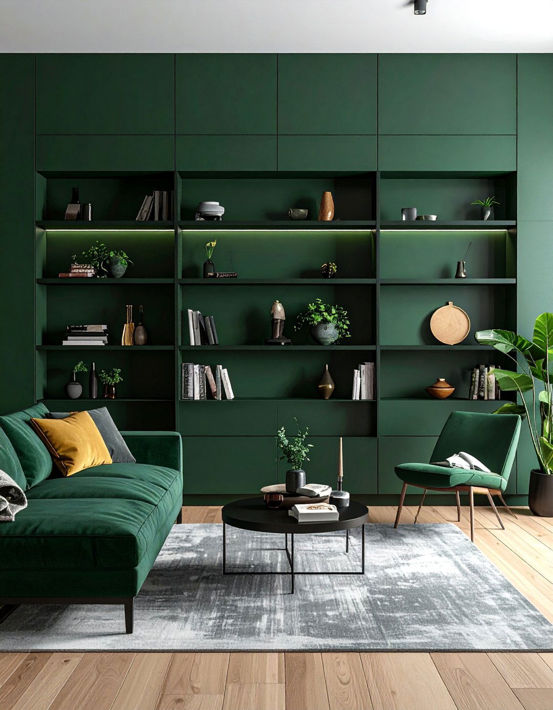 Dark Green Accent Wall with Built In Shelving - 40 Dark Green Accent Wall Ideas for Bold Spaces
