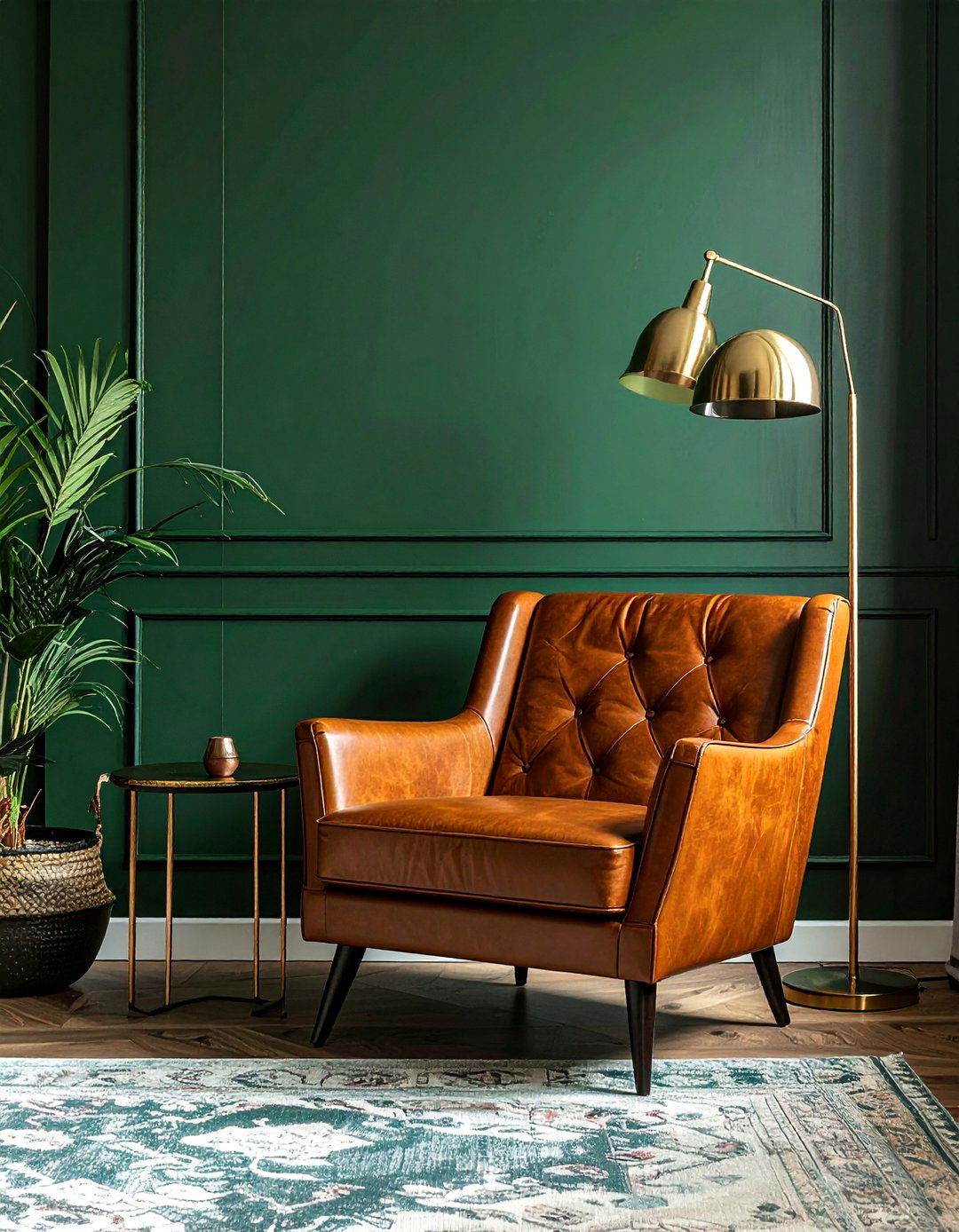 Dark Green Accent Wall with Cognac Leather - 40 Dark Green Accent Wall Ideas for Bold Spaces