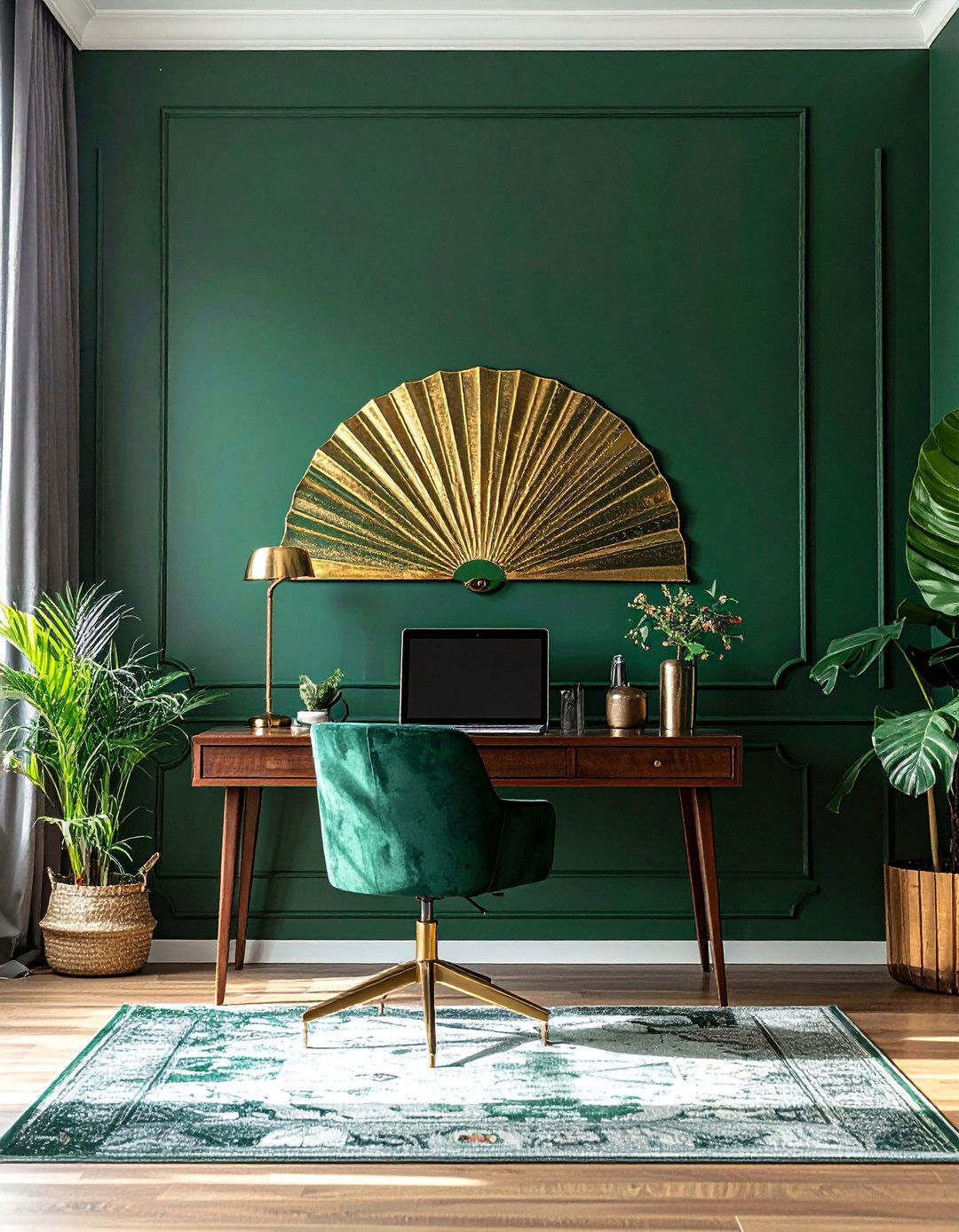 Dark Green Accent Wall with Geometric Stencils - 40 Dark Green Accent Wall Ideas for Bold Spaces